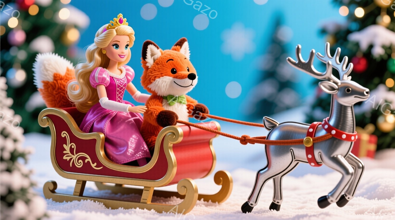 金髪の女性はピンク色のドレスと白い手袋を身につけ、赤いリボンで飾られた髪をしています。彼女はそりに座り、微笑んでいます。背景には雪景色とぼやけたクリスマスツリーが見え、クリスマスの温かく幻想的な雰囲気 - AI生成フリー素材