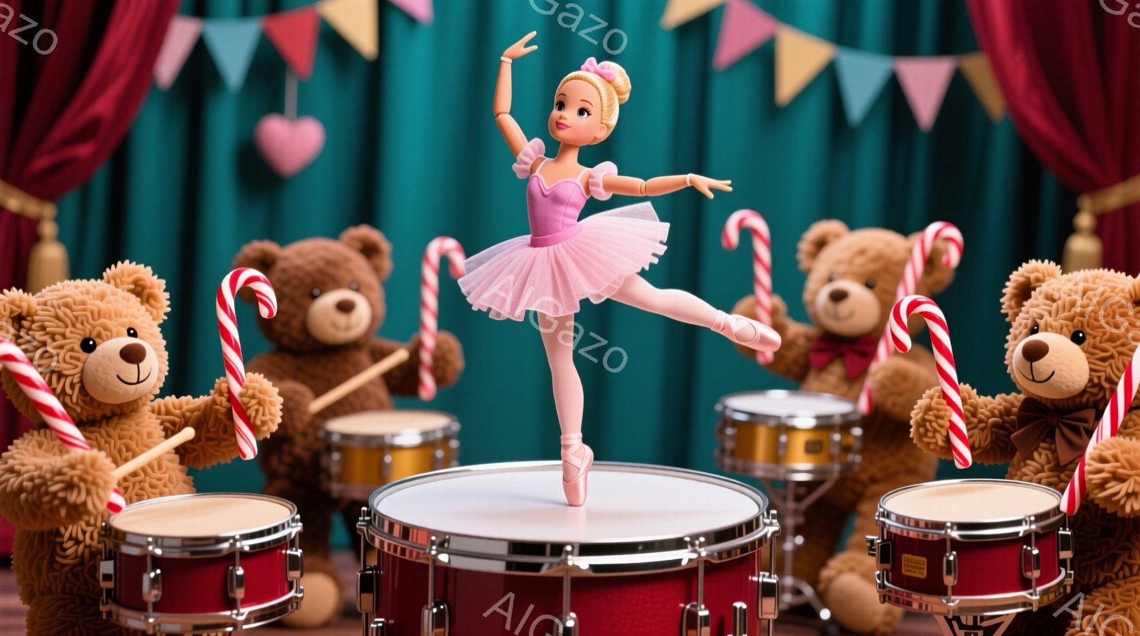 バレリーナの人形が、小さなドラムのセットに囲まれたステージの中央でポーズをとっています。彼女はピンクのチュチュとリボンで髪を結い、片足を伸ばして優雅な姿勢を見せています。背景には緑色のカーテンとカラフルな旗が飾られ、ぬいぐるみのおもちゃがドラムを叩くように配置され、お祭りやサーカスの雰囲気を醸し出しています。