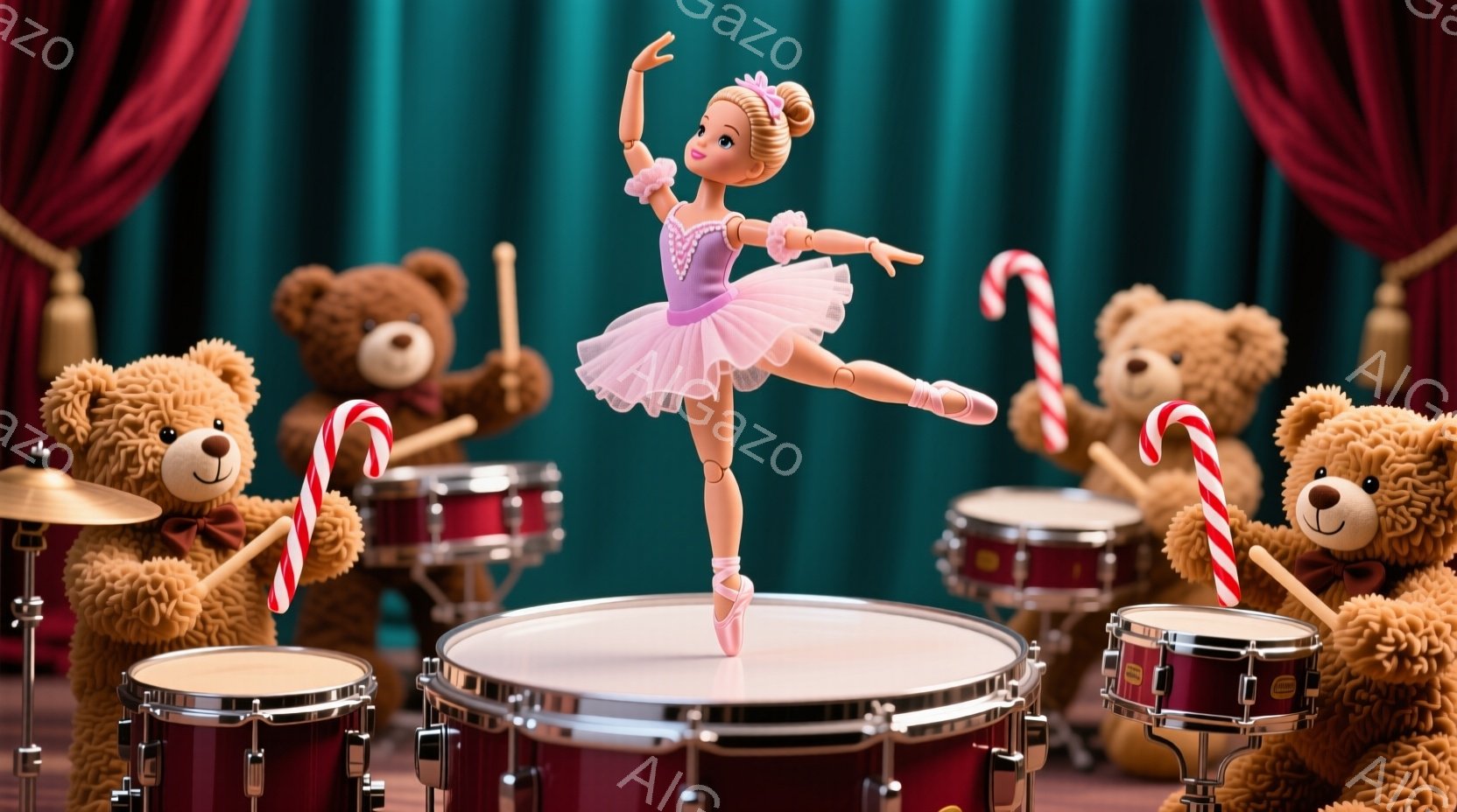 バレリーナの人形が、赤いドラムセットとテディベアに囲まれて舞台中央でポーズをとっています。ピンクのチュチュとリボン、そして髪を高く結んだスタイルで、優雅なバレエの姿勢を見せています。背景は深い緑色のカーテンで、全体的に華やかで遊び心のある雰囲気です。