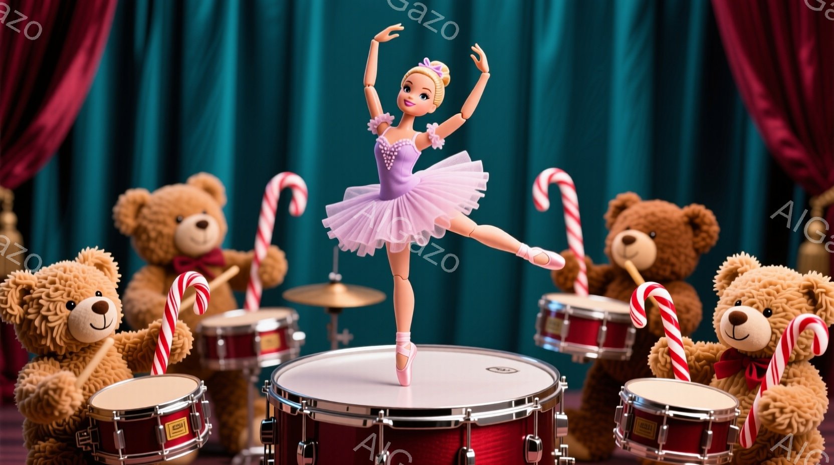 バレリーナの人形が、赤いドラムセットに囲まれたステージの中央でポーズを取っています。彼女は薄紫色のチュチュとリボン、そして金髪のアップスタイルで、片足を高く上げて優雅な姿勢を保っています。背景は深い緑色のカーテンで、ドラムセットの周りにはキャンディケーンを持ったテディベアが配置され、お祭りや遊園地の雰囲気を醸し出しています。