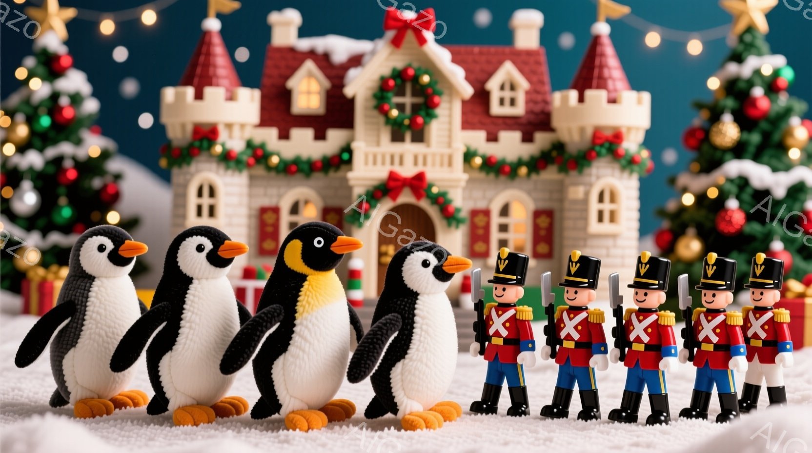 白い雪の上に、毛糸で作られたようなペンギンの列が整然と並び、その先に兵隊のおもちゃの列が続いています。背景には、クリスマスツリーと、飾り付けられたお城のような建物があり、おとぎ話のような冬の雰囲気を醸 - AI生成フリー素材