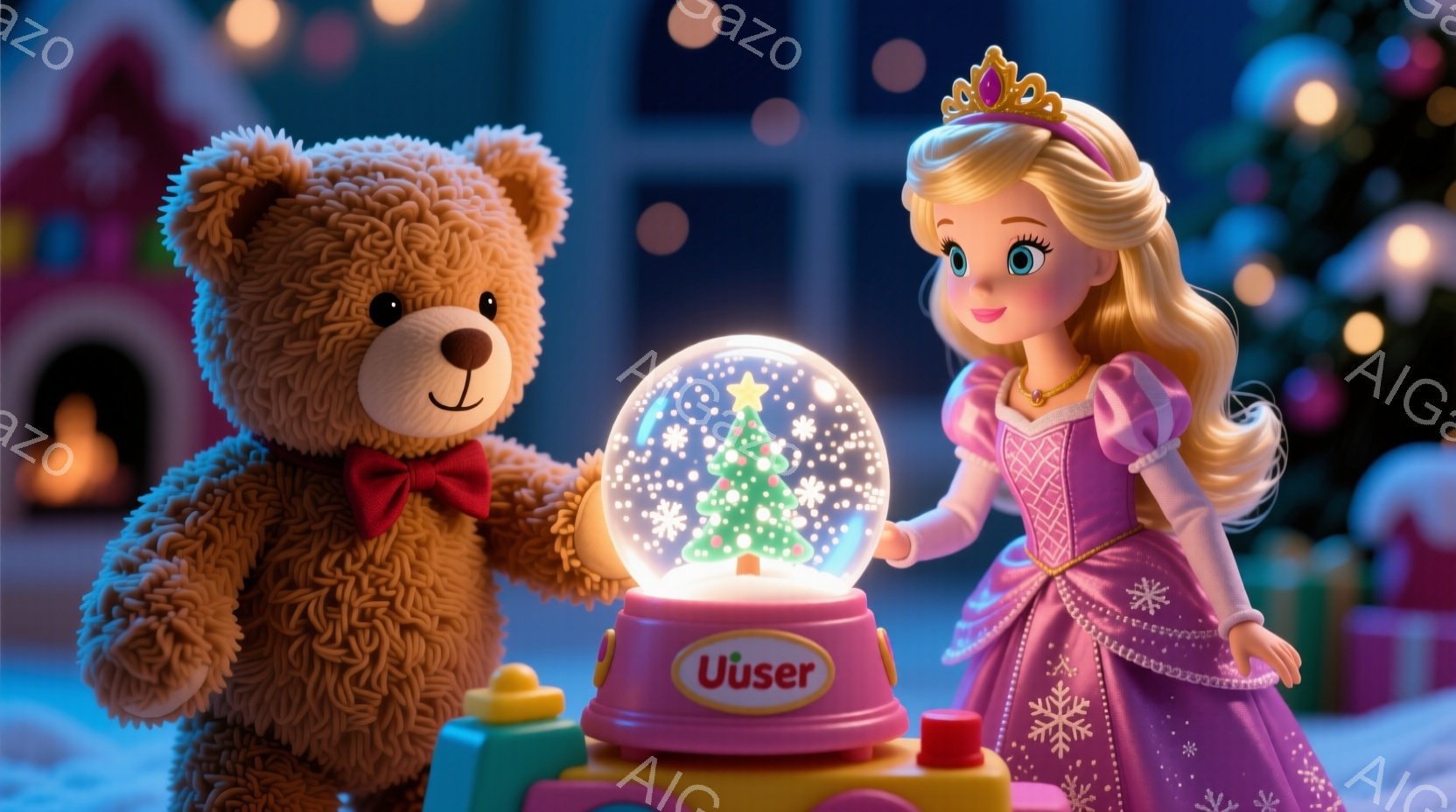 ぬいぐるみのような茶色のクマと、ピンクのドレスを着た金髪の女の子が、光るスノーグローブの前に立っています。女の子は金色の髪を長く伸ばし、頭にはティアラをつけて微笑んでいます。背景には、クリスマスプレゼ - AI生成フリー素材
