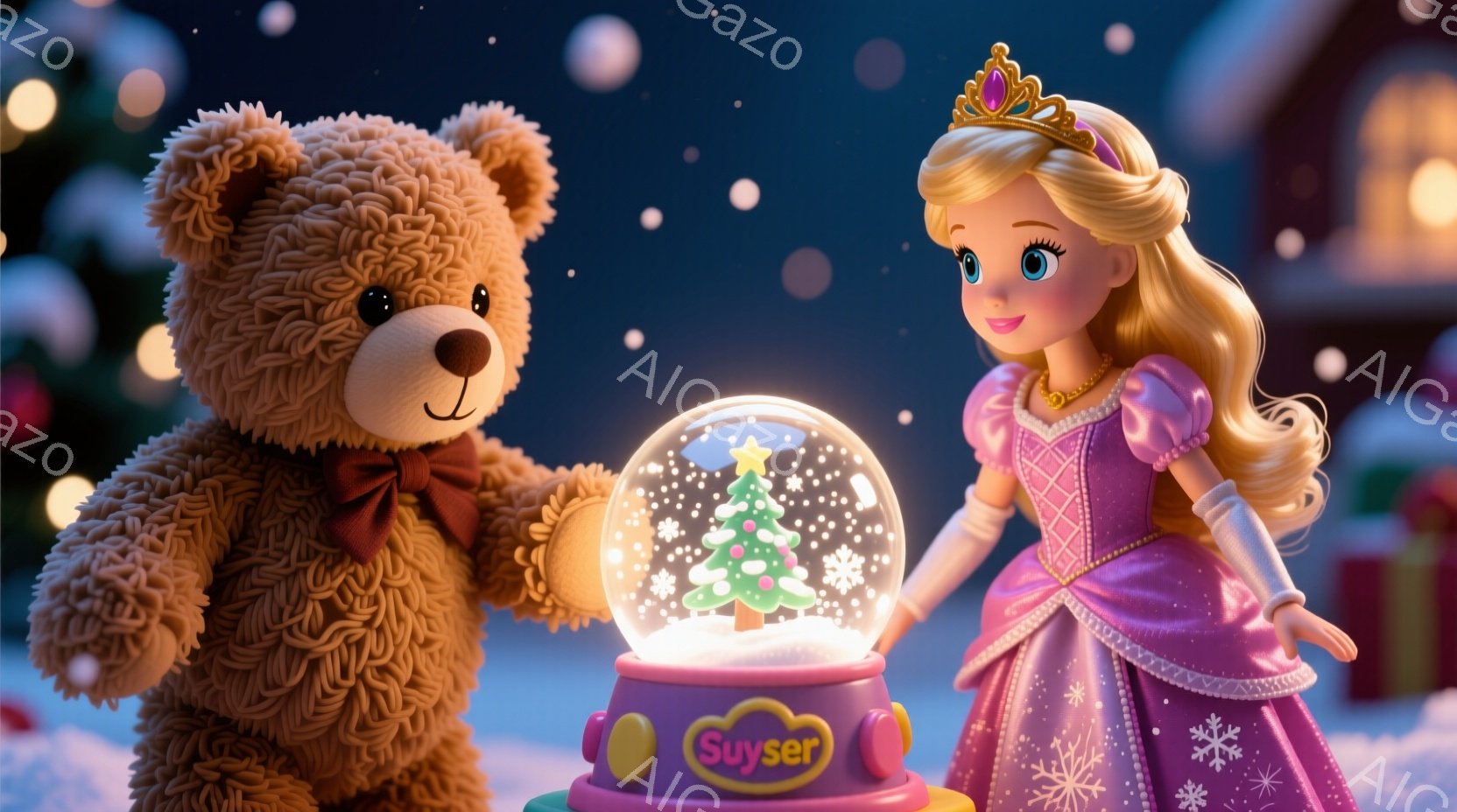 明るいピンク色のドレスと金色のティアラをつけた少女が、雪の結晶が舞う背景の中でスノーグローブを持っています。彼女は微笑んでおり、隣にはふわふわの茶色のテディベアが立っています。背景には、雪で覆われた家 - AI生成フリー素材