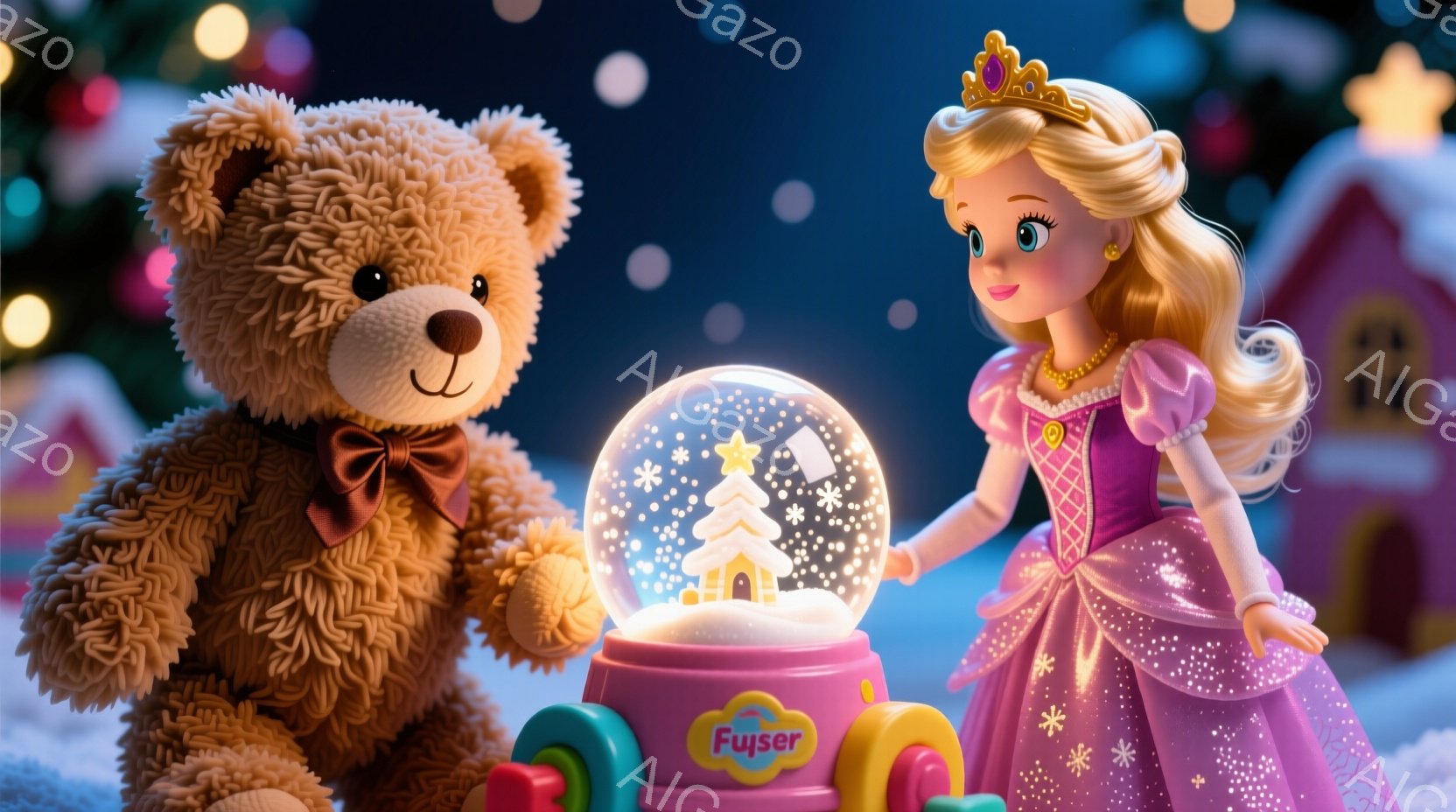 大きなテディベアと、ピンクのドレスを着た女の子が雪の降る夜に立っています。女の子は金色の髪をカールさせて王冠をかぶり、クリスマスのオーナメントであるスノーグローブを見つめています。背景には、雪で覆われ - AI生成フリー素材