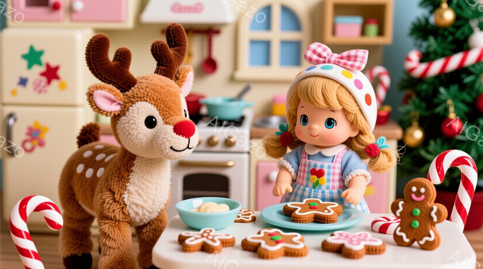 明るいキッチンで、金髪で巻き髪の少女がエプロンと水玉模様の帽子を身に着け、クッキーをデコレーションしています。隣には、愛らしいトナカイのぬいぐるみが寄り添い、周囲にはキャンディケーンやジンジャーブレッ - AI生成フリー素材