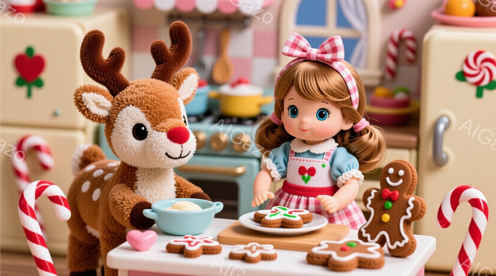 暖炉のある可愛らしいキッチンで、金髪をツインテールにした少女がエプロンを着てクッキーをデコレーションしています。彼女の隣には、大きなぬいぐるみのようなトナカイがおり、クッキーの材料が入ったボウルを見つめています。背景には、クリスマスらしい装飾が施された暖炉やキャンディケーン、そして可愛らしいお菓子などが置かれ、全体的に温かく、楽しい雰囲気が漂っています。