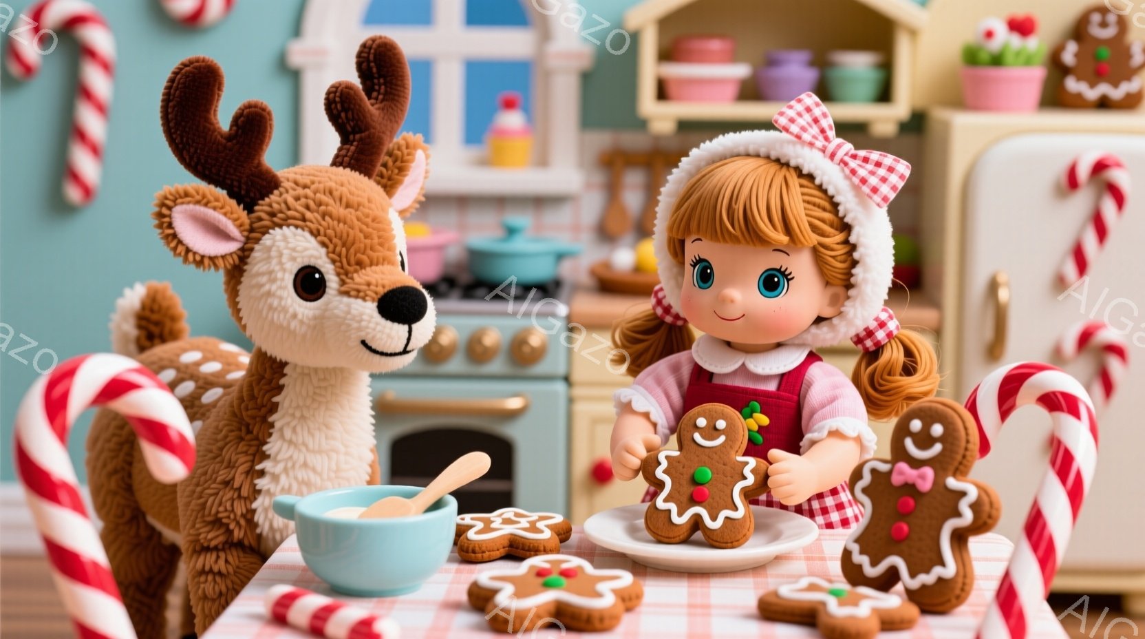 少女は赤い服にエプロンをつけ、頭には水玉模様の帽子をかぶっています。彼女は笑顔で、クッキーの上にアイシングを塗る作業をしています。背景には、可愛らしいピンク色のキッチン、クリスマスの飾り、そして毛並み - AI生成フリー素材