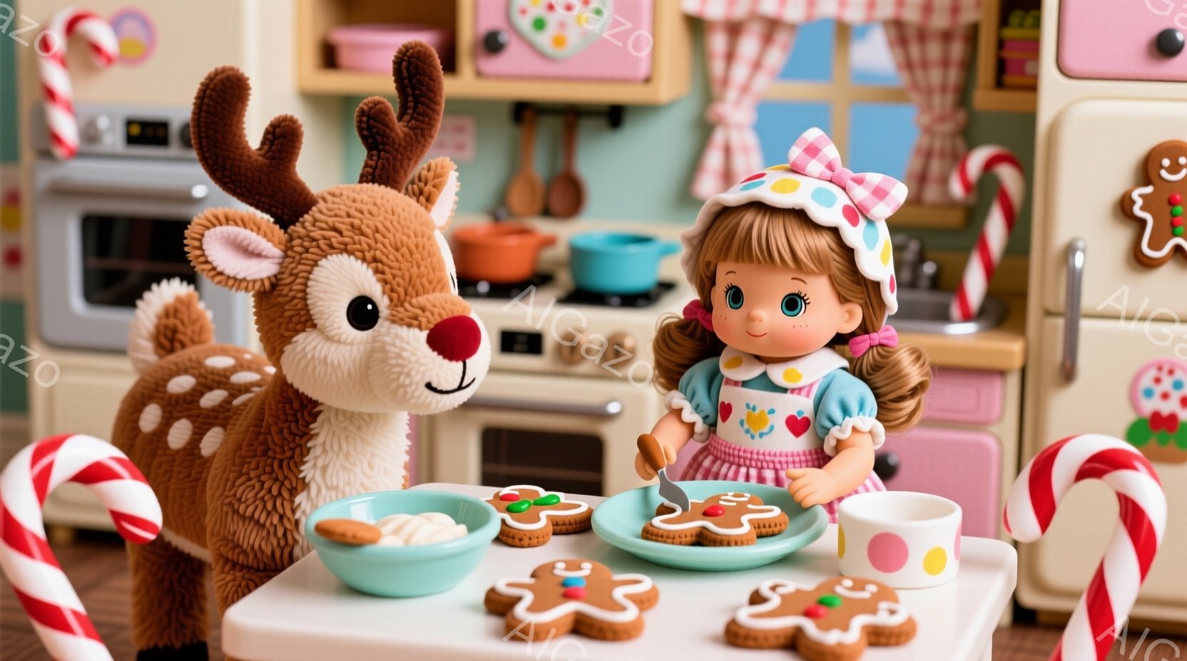 明るいキッチンで、赤い髪をリボンで結んだ少女が、クリスマス風のクッキーにアイシングを施している。隣には、大きな斑点模様の愛らしいトナカイの人形が立っており、少女の作業を見守っているようだ。背景には、キャンディケーンやオーブン、棚が並び、温かく、お祝いムードにあふれた雰囲気である。