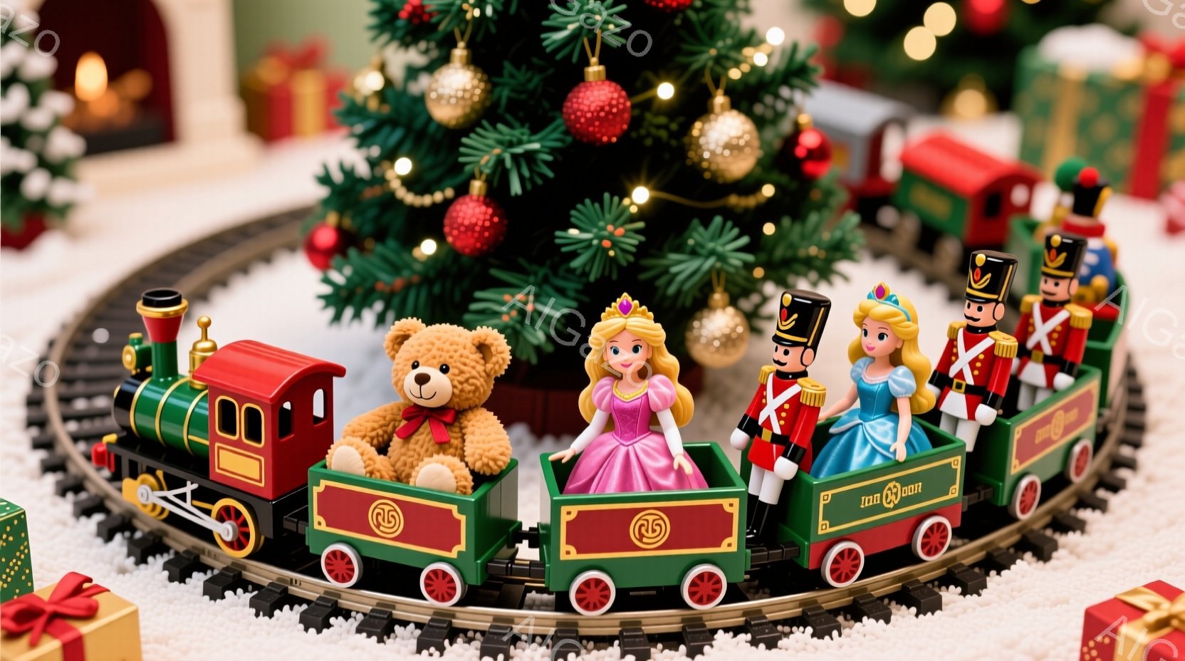 鮮やかな赤い蒸気機関車が、クリスマスツリーの周りを走っています。機関車の各車両には、テディベア、ピンクのドレスを着た金髪の女の子、兵隊のような衣装を着た金髪の女の子が乗っており、それぞれが楽しそうな表 - AI生成フリー素材