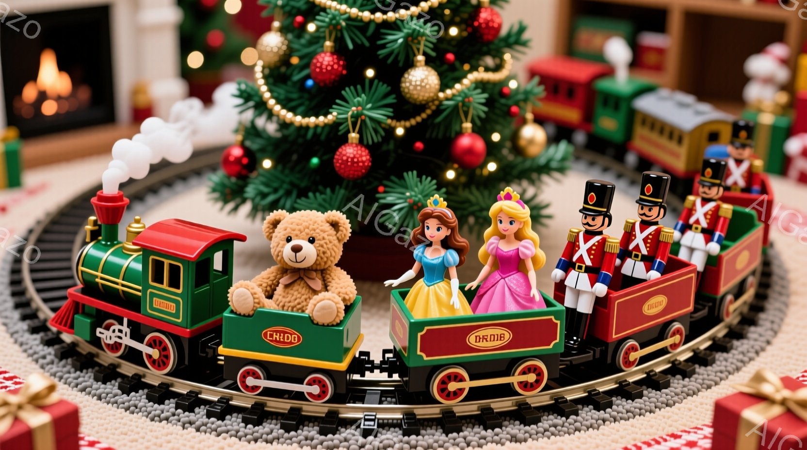鮮やかな赤い蒸気機関車が、クリスマスの飾り付けられた背景の前を走っています。機関車の客車には、茶色のテディベア、ピンクのドレスを着た金髪のプリンセス、赤い制服を着た兵隊の人形が乗っており、それぞれが異 - AI生成フリー素材