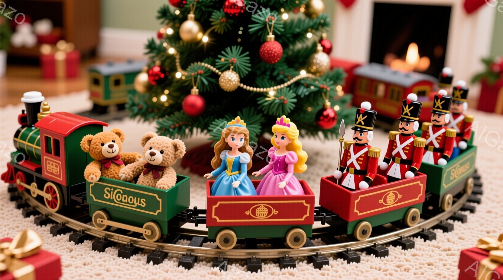 クリスマスツリーを背景に、おもちゃの列車が描かれている。列車は、テディベア、青いドレスを着た人形、そして兵隊の人形を乗せており、それぞれが列車に沿って座っている。背景には、ぼやけたクリスマスツリーとプ - AI生成フリー素材