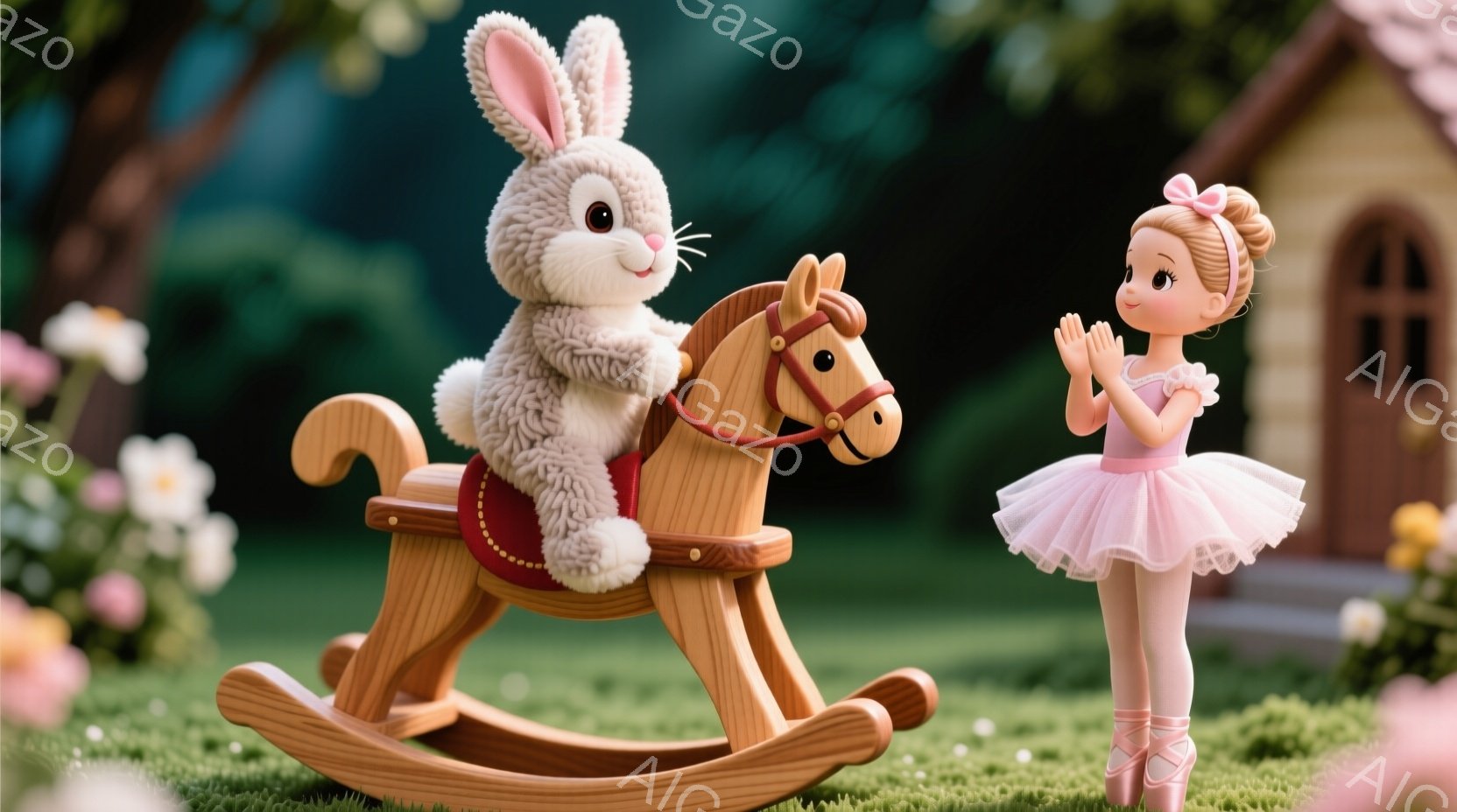 ピンク色のチュチュを着たバレリーナの女の子が、両手を合わせて微笑んでいます。背景には、木製のロッキングホースに乗ったふわふわのウサギと、小さな家、そして緑の芝生とピンクの花が広がっています。全体的に、柔らかく夢のような雰囲気で、子供らしい喜びと優しさが感じられます。