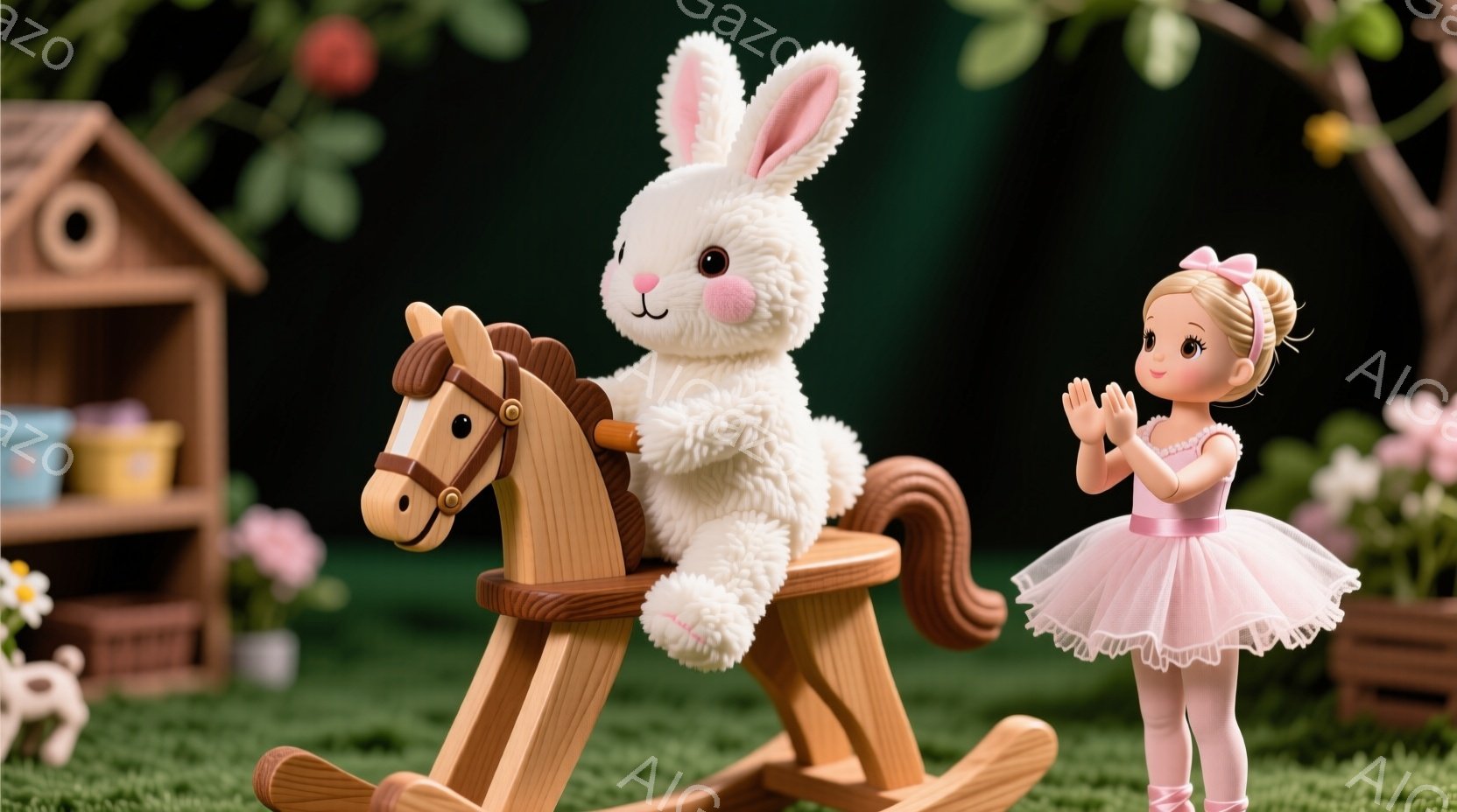 白いウサギのぬいぐるみは、木製のロッキングホースに座っており、とても可愛らしい姿をしています。小さな女の子はピンクのバレリーナドレスを着て、両手を合わせて観客席に向かって微笑んでいます。背景には緑の芝生、花が咲いたプランター、そして小さなおもちゃの家が見え、全体的に暖かく、夢のような雰囲気が漂っています。