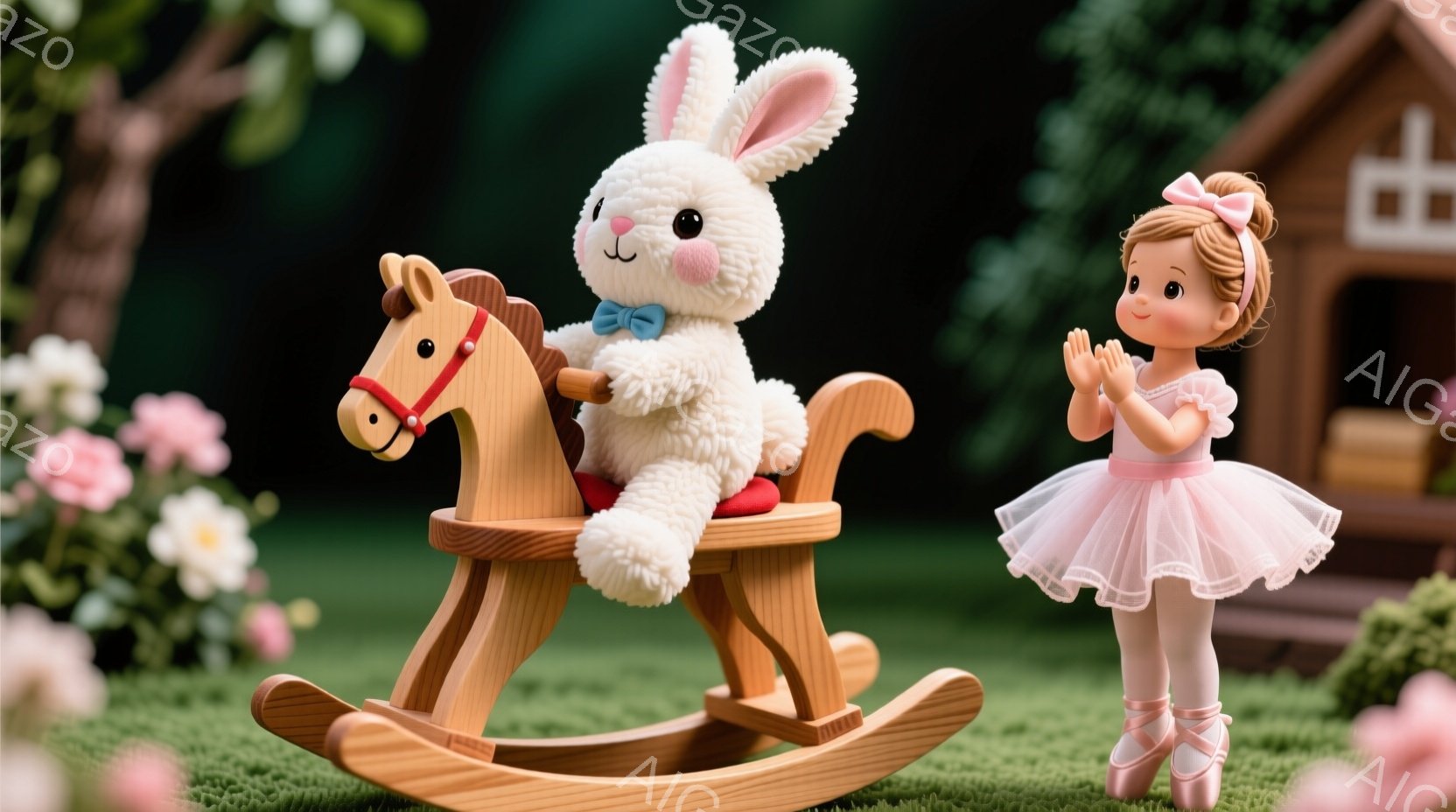 白いぬいぐるみウサギが木製のロッキングホースに座っており、青いリボンをつけています。小さな女の子の人形がピンクのチュールスカートとバレエシューズを身に着け、手を合わせて微笑んでいます。背景には緑の草、咲き誇る花、そして可愛らしい赤い屋根の小屋が見え、明るく暖かい雰囲気が漂っています。