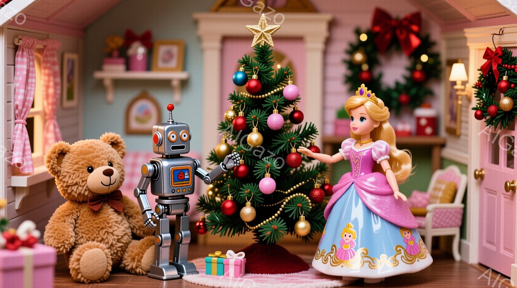 クリスマスツリーの前に、ピンクのドレスを着た人形とロボットが立っている。人形は金色の髪を高く結い上げ、ティアラをつけて微笑んでいる。背景には、プレゼントや装飾が施された暖炉、テディベア、そしてクリスマ - AI生成フリー素材