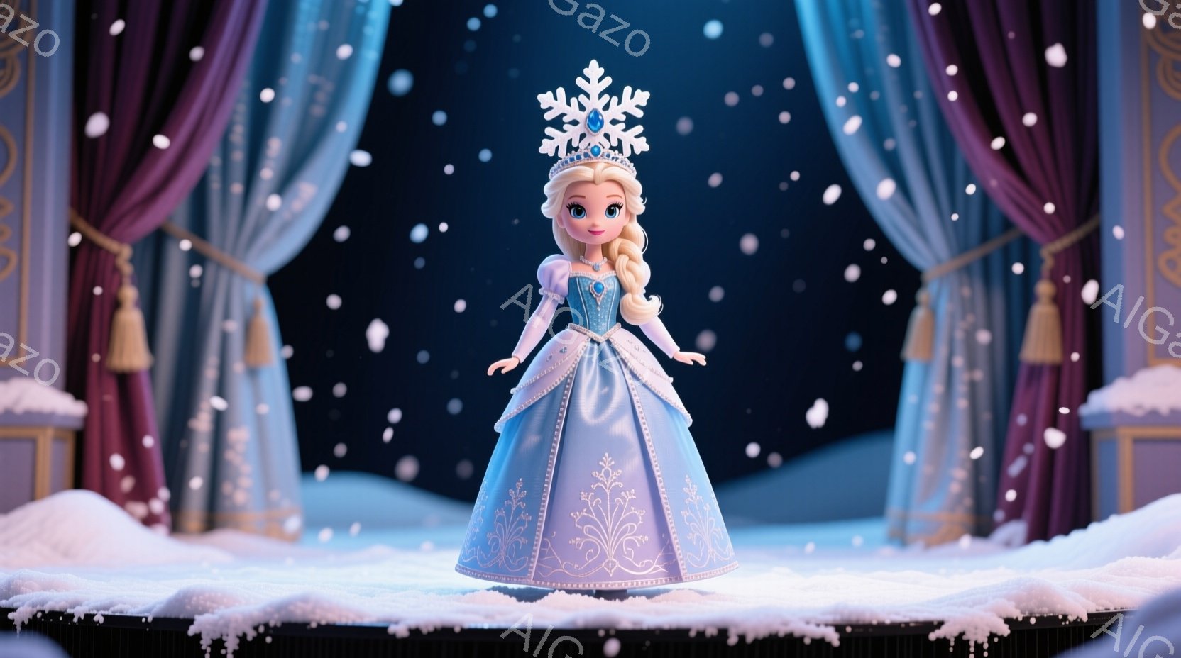 明るいブルーの豪華なガウンを着た少女が、雪が降るステージ中央に立っている。彼女は金色の髪を高くまとめ、ティアラをつけている。背景には、豪華なベルベットのカーテンと雪景色が広がり、華やかでファンタジーな - AI生成フリー素材