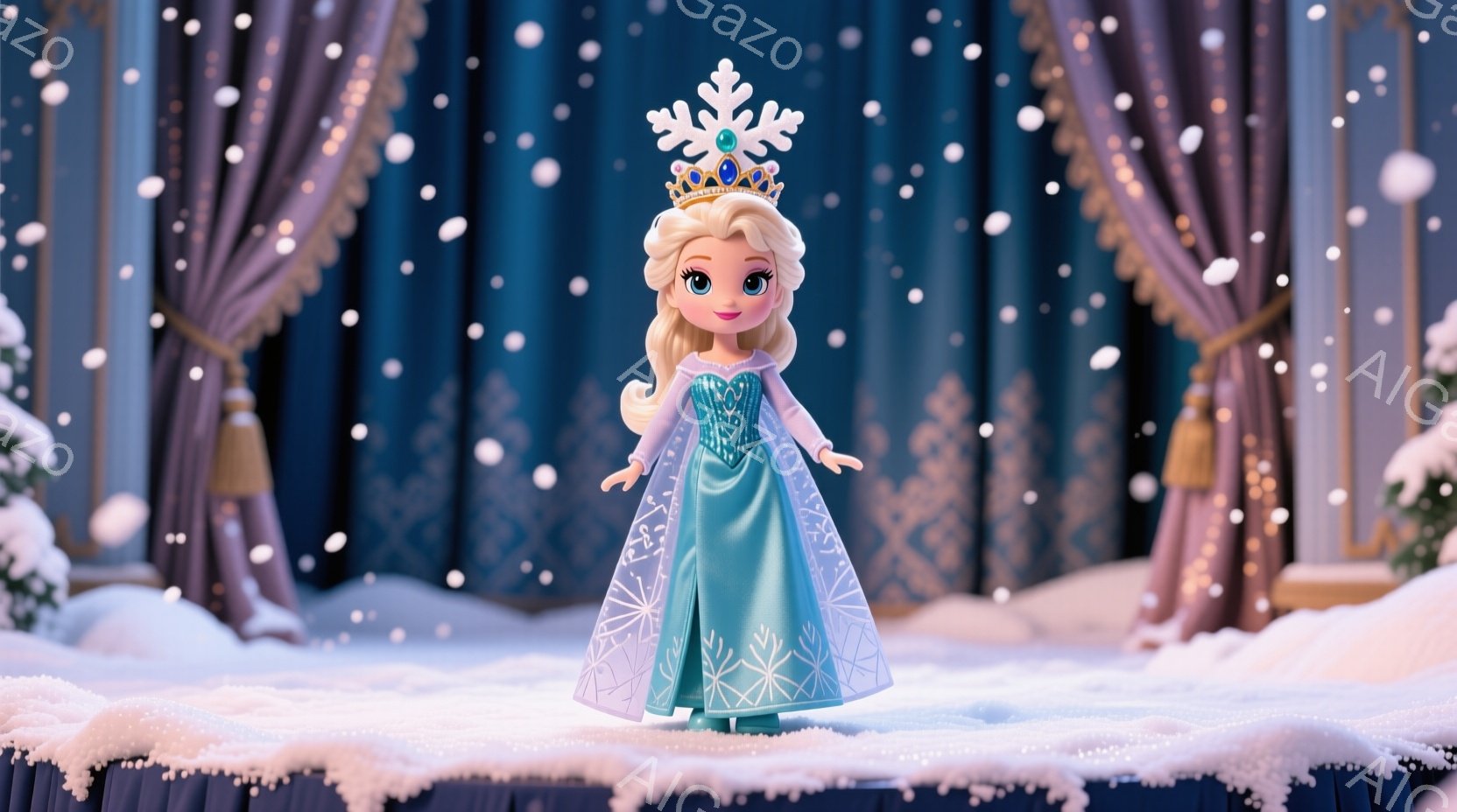 青いドレスを着た金髪の女性が写っています。彼女は頭にティアラをつけており、笑顔で両手を広げて立っています。背景には、豪華なカーテンと雪景色が広がっており、おとぎ話のような幻想的な雰囲気を醸し出しています。