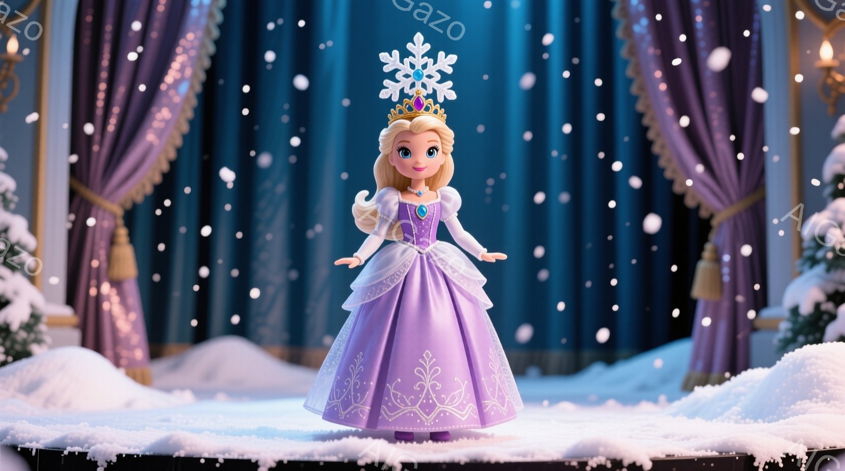 明るい紫色のガウンを着た金髪の女性が写っています。ガウンは白い装飾が施され、胸元には宝石があしらわれています。背景には雪景色と紫色のカーテンがあり、女性は穏やかな表情で両手を広げて立っています。 - AI生成フリー素材