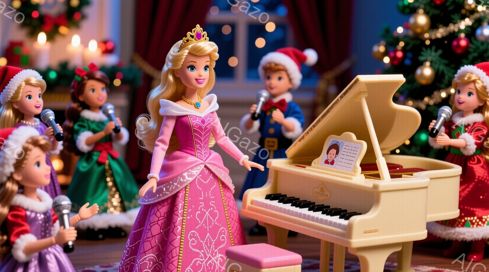 複数の人形がクリスマスをテーマにした室内で歌っています。中央には、紫色のドレスにティアラをつけた金髪の人形がピアノの前に立っており、他の人形たちはマイクを持って彼女を取り囲んでいます。背景にはクリスマ - AI生成フリー素材
