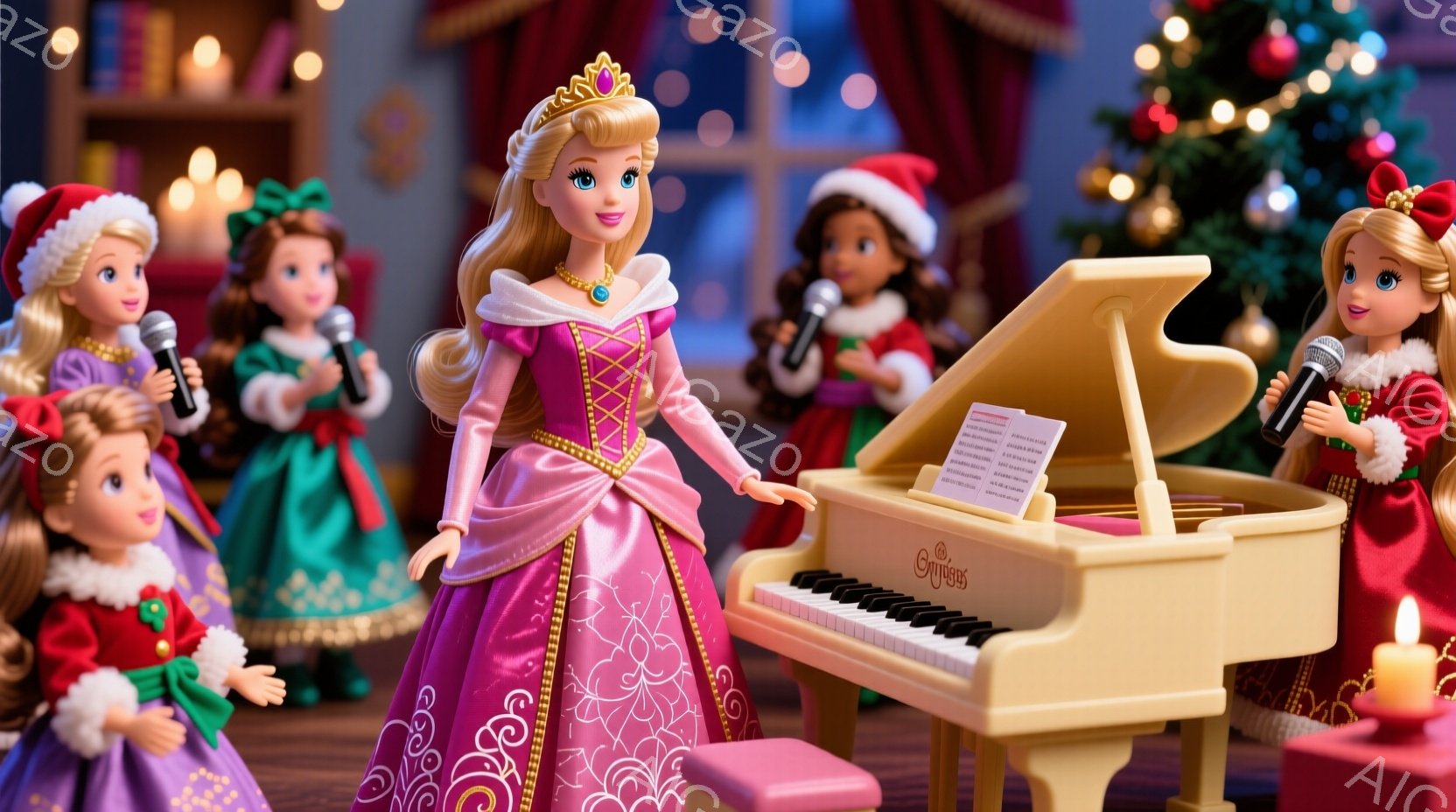 クリスマスの背景を前に、人形たちが歌っている様子を描いています。紫色の豪華なドレスを着た人形が中央に立ち、他の人形たちはそれぞれマイクを持って歌っています。背景には、クリスマスツリーやキャンドル、そし - AI生成フリー素材