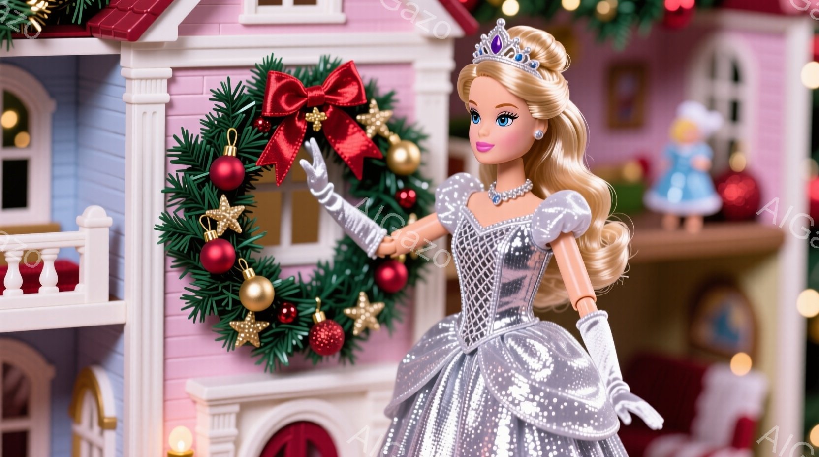 銀色のきらびやかなガウンとティアラをつけたバービー人形が写っています。彼女は片手を伸ばして、赤いリボンと金色の星で飾られたクリスマスリースを飾っているようです。背景にはピンク色の家、クリスマスツリー、 - AI生成フリー素材