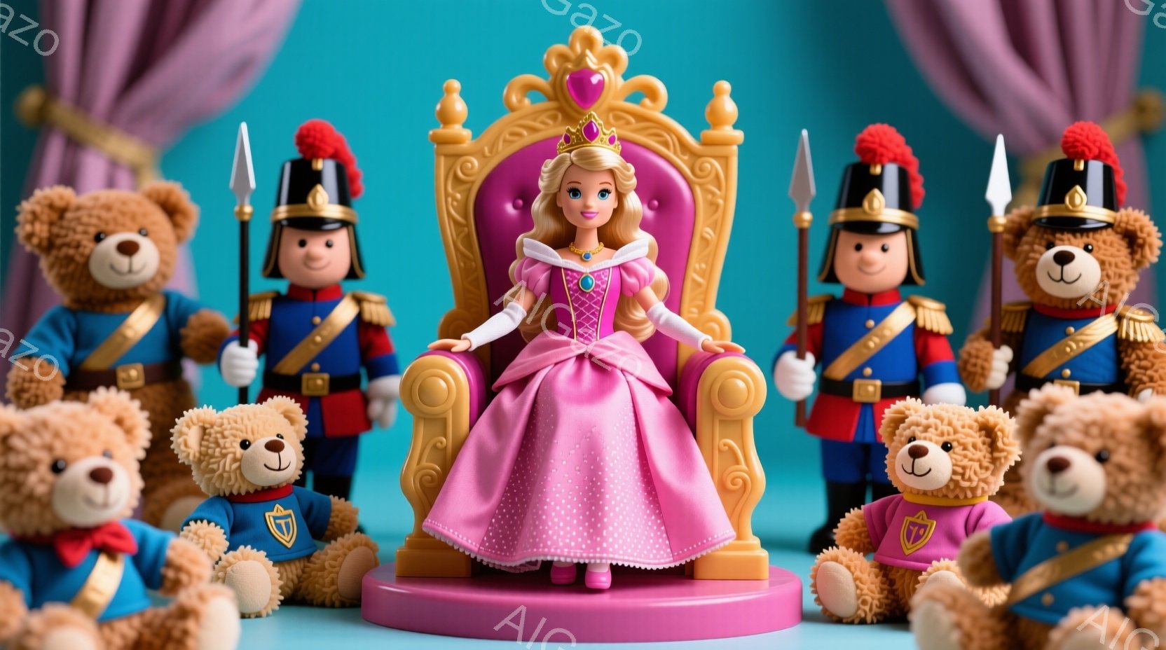 ピンク色の豪華なドレスを着た女性が、金色の装飾が施された椅子に座っています。彼女は金髪を優雅にカールさせ、微笑んでいます。背景には、兵士の格好をしたテディベアと、薄いピンク色のドレープがあり、おとぎ話 - AI生成フリー素材