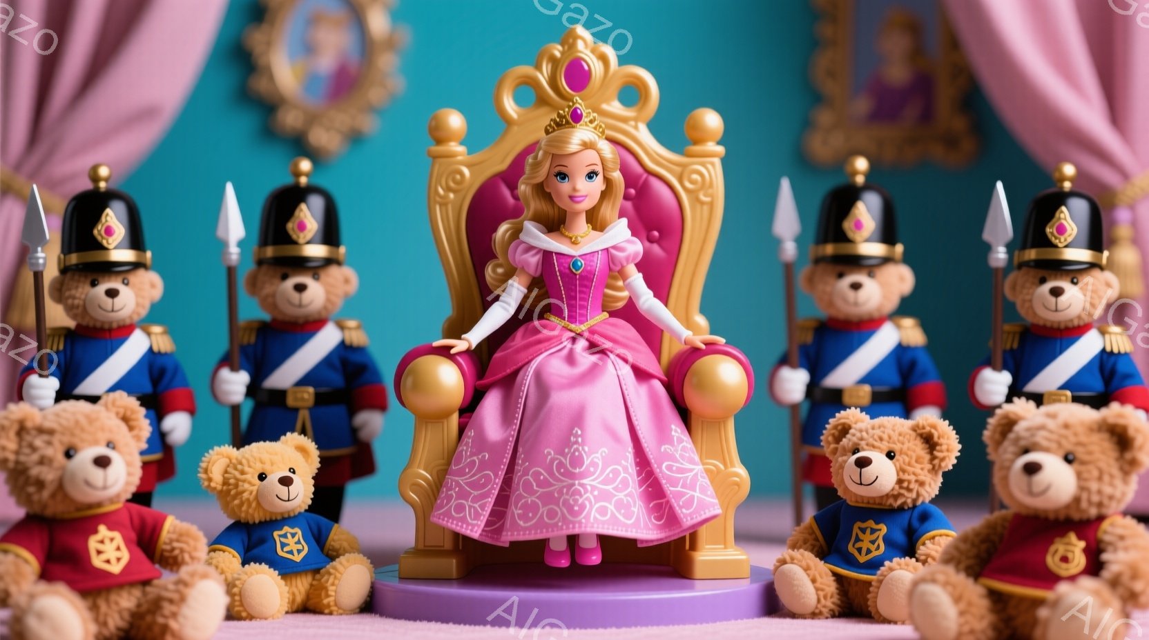 ピンク色の豪華なドレスを着た女性が、金色の装飾が施された椅子に座っています。彼女はブロンドの髪をカールさせ、微笑んでいます。背景には、兵士の制服を着たテディベアたちが配置されており、ピンク色のベルベットのような布の上に立っています。