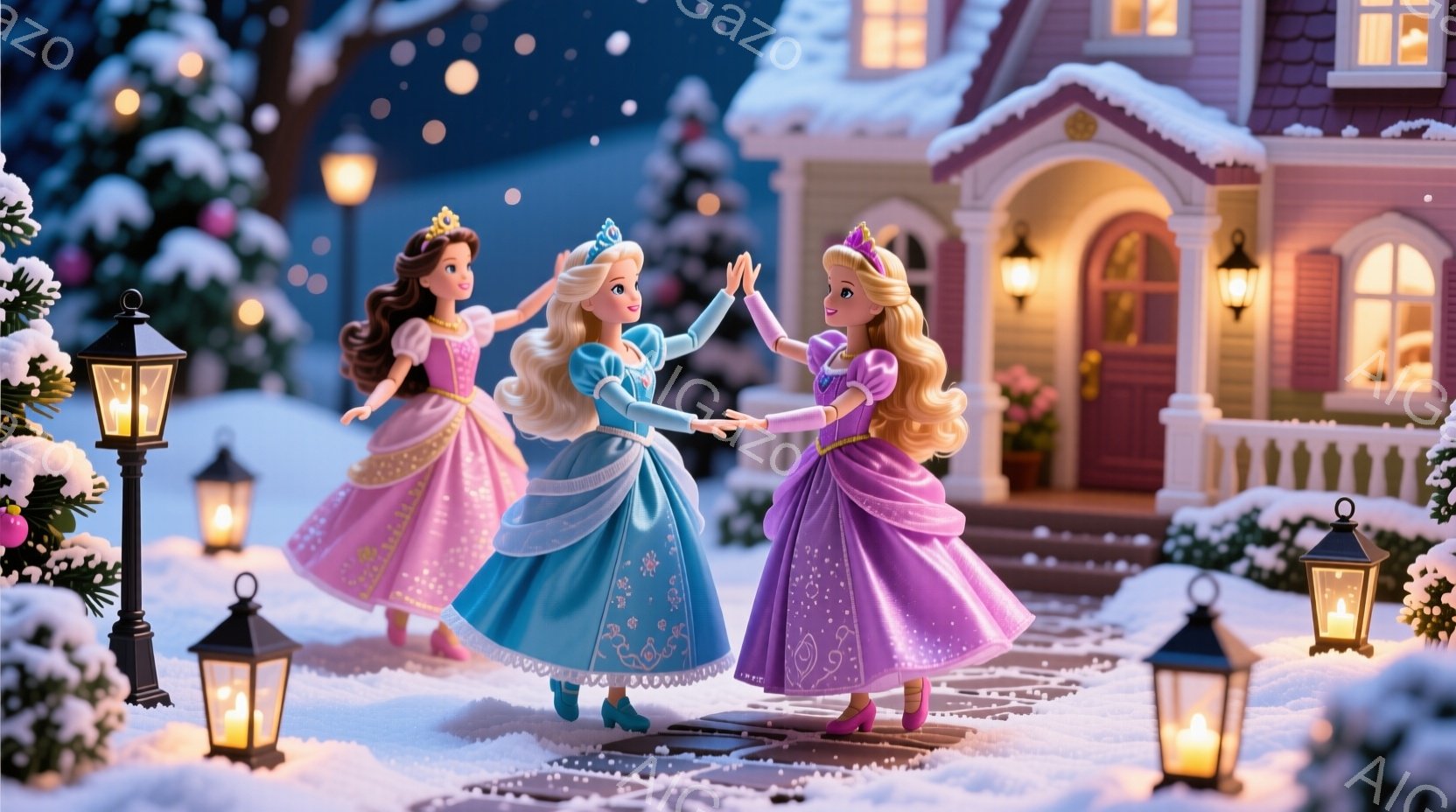 雪が降る夜、三人の女性が庭でハイタッチをして喜びを分かち合っています。彼女たちはそれぞれピンク、水色、紫色の美しいドレスを着ており、髪は長く巻かれ、顔には笑顔が浮かんでいます。背景には、ライトアップさ - AI生成フリー素材