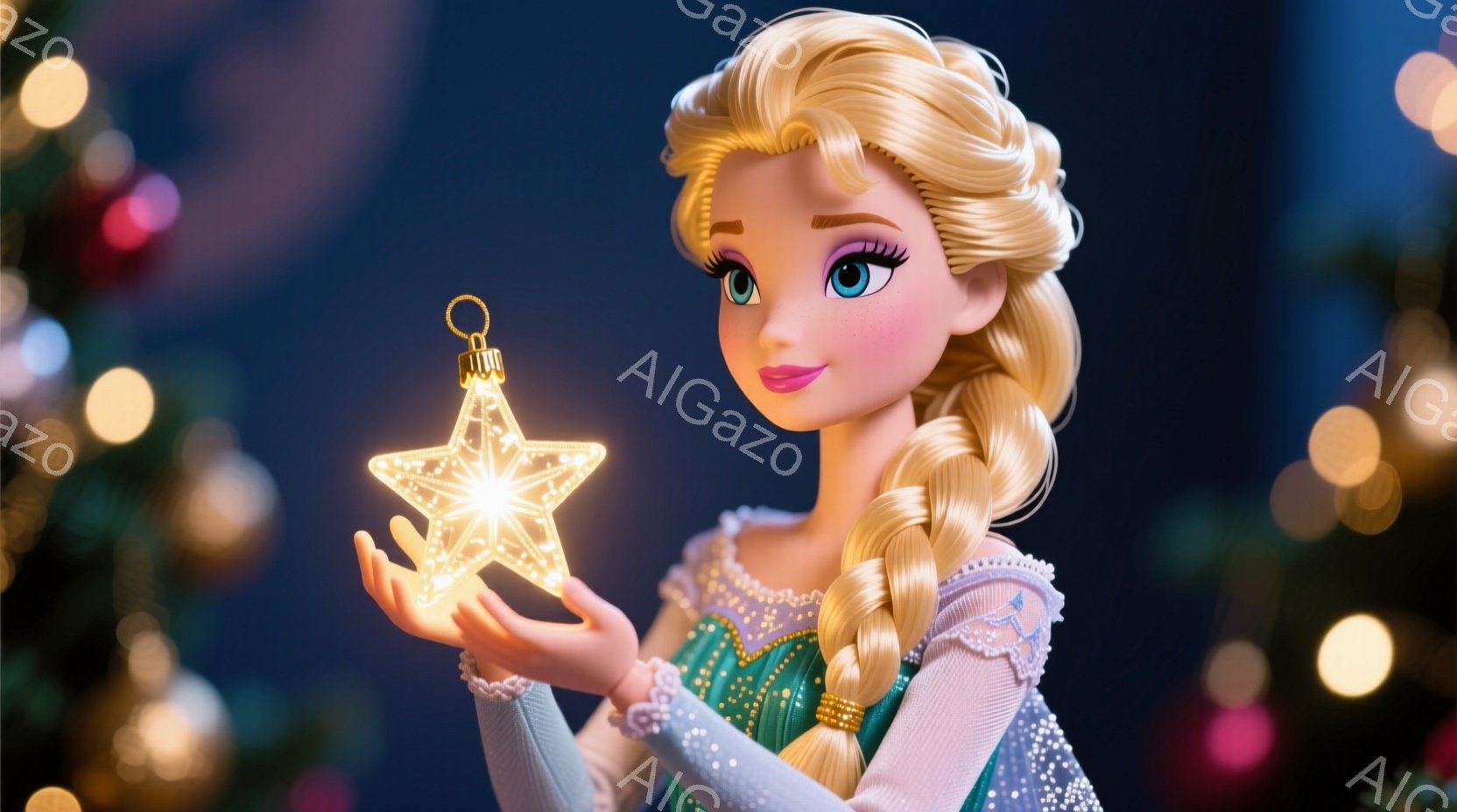 長いブロンドの髪は編み込まれ、肩から背中にかけて流れています。彼女は淡い緑色の美しいドレスを着ており、透明感のある薄い水色のショールが肩を覆っています。彼女は両手で光り輝く星形のオーナメントを持ち、優しく微笑み、希望に満ちた表情を浮かべています。