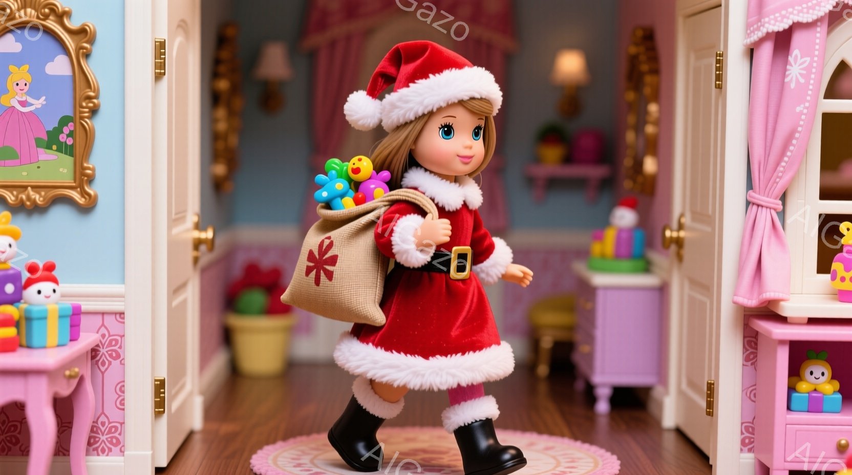 赤いサンタの衣装を着た女の子が、茶色のキャンバス地の大きな袋を肩にかけて歩いています。彼女は黒いブーツを履き、明るい笑顔を浮かべています。背景には、ピンクのカーテン、木製の家具、おもちゃなどが配置され - AI生成フリー素材