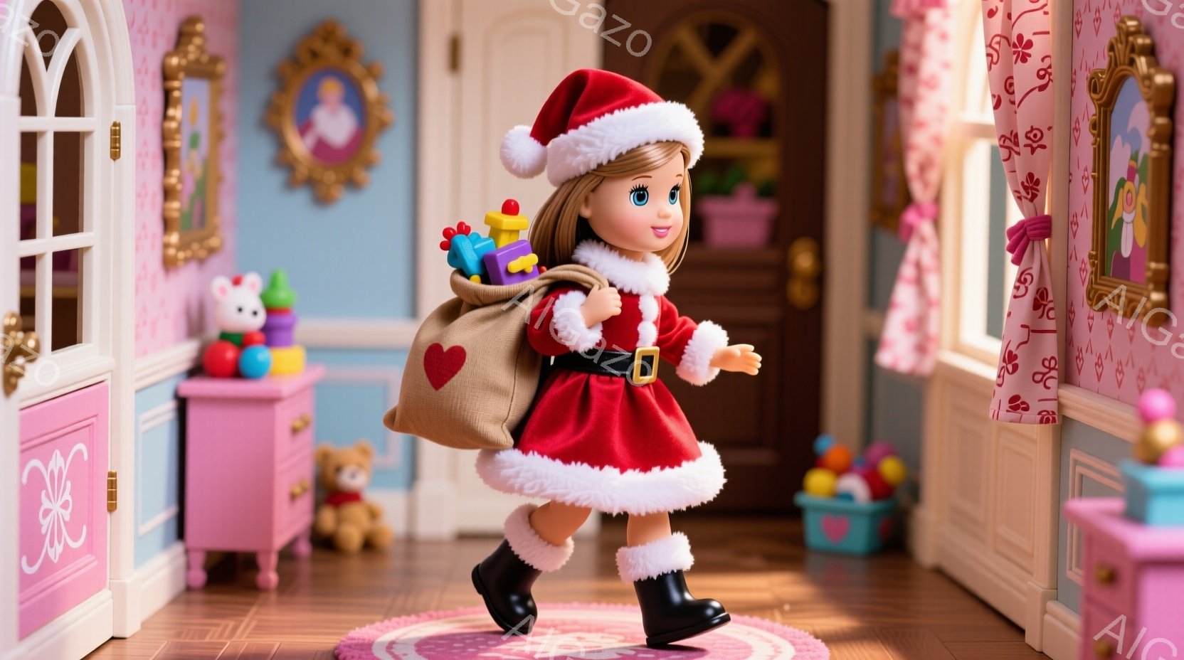 明るいピンク色の壁と木製の床を持つ部屋で、サンタクロースの衣装を着た少女が描かれています。彼女は赤いドレス、白い毛皮の縁飾り、黒いブーツを履いており、頭にはサンタクロースの帽子をかぶっています。手に持 - AI生成フリー素材