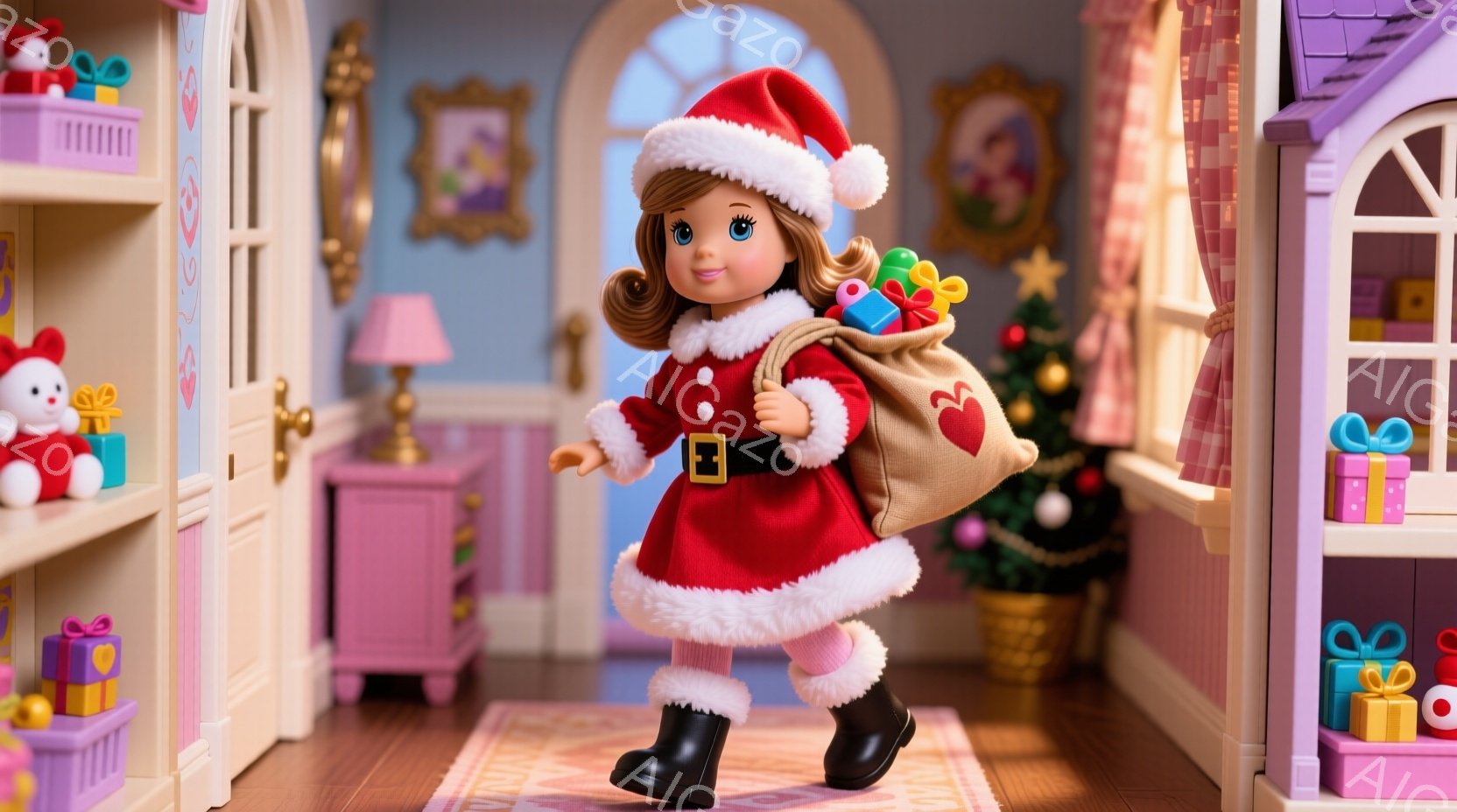赤いサンタの衣装を着た少女が、プレゼントが入った大きな袋を抱えて歩いている。彼女は茶色の巻き毛の髪をしており、黒いブーツを履いている。背景には、クリスマスツリー、ピンク色の家具、そして壁に掛けられた絵 - AI生成フリー素材