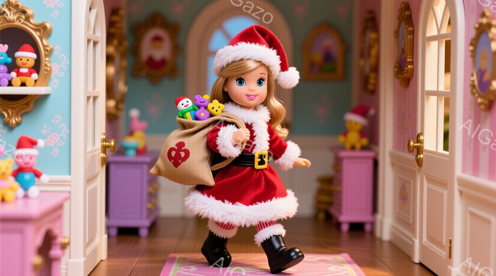 赤いサンタの衣装を着た少女が描かれています。彼女は黒いブーツを履き、大きな袋いっぱいのクリスマスのおもちゃを抱えています。背景には、小さな家具が配置された、ピンクと紫を基調とした部屋が広がり、お祝いの - AI生成フリー素材