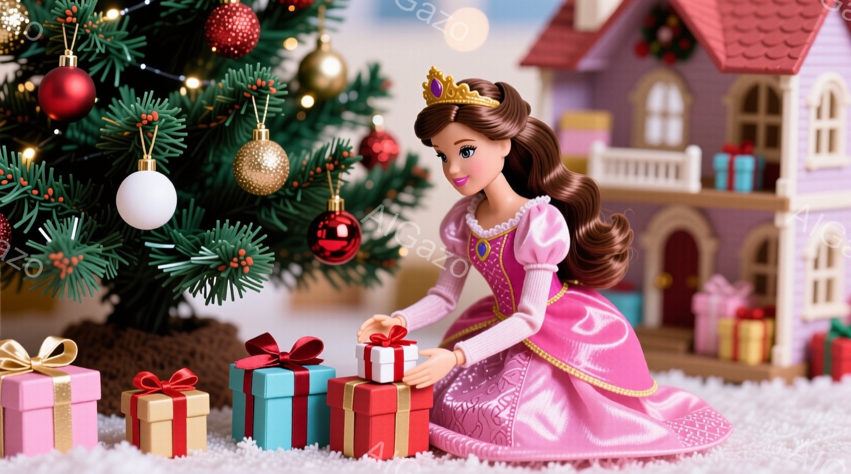 ピンクのドレスを着た女性が、クリスマスツリーの近くでプレゼントの箱を手にしています。彼女はブロンドの髪をカールさせており、優しい微笑みを浮かべています。背景には、雪景色の中に可愛らしい家やクリスマスツ - AI生成フリー素材