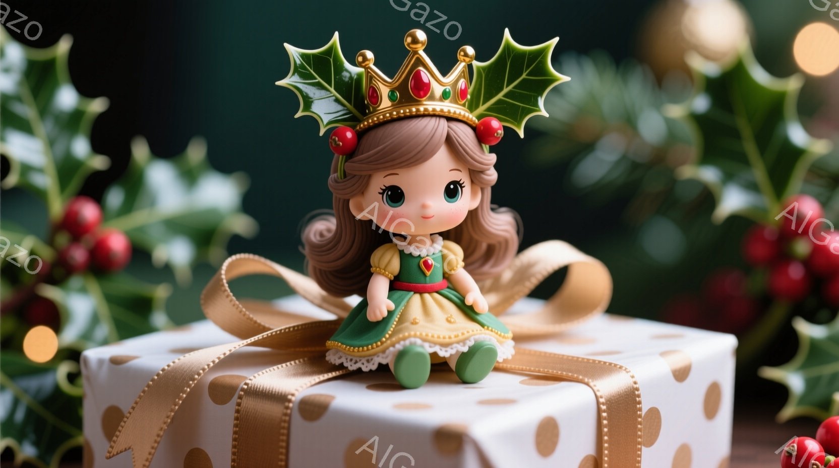 白いドット柄のギフトボックスの上に、緑色のドレスを着た少女の人形が座っています。人形は巻き毛の茶髪で、赤い宝石が飾られたクリスマス風の王冠を被っています。背景には、クリスマスツリーの緑と赤い実がぼんやりと見え、全体的に温かくお祝いの雰囲気です。