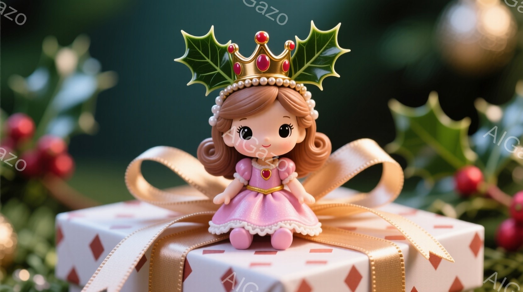 ピンク色のドレスを着た小さな女の子の人形が、プレゼントのようにラッピングされた箱の上に立っています。彼女はカールした茶色の髪で、頭には赤い宝石があしらわれた冠を戴いています。背景には、赤い実の付いた葉やぼやけたクリスマスオーナメントが見え、全体的に華やかで温かい雰囲気が漂っています。