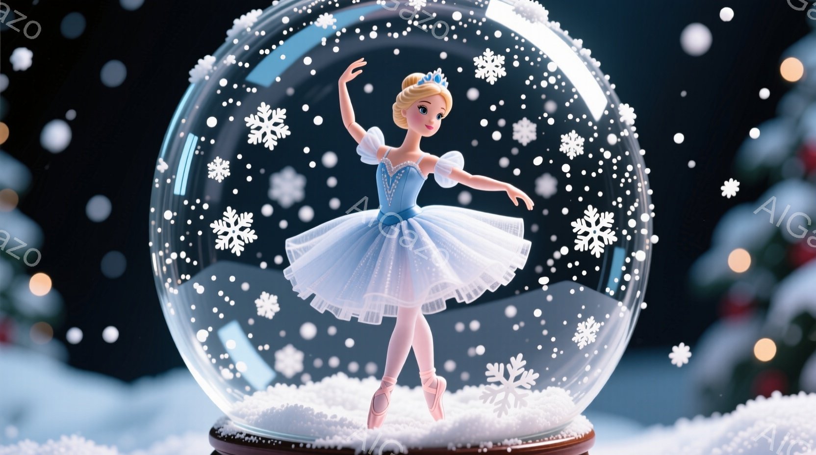 スノードームの中に、青いチュールスカートと白いトップスを着たバレリーナの人形がいます。人形はつま先立ちでポーズを取り、片手を上げて優雅な姿勢を見せています。背景には雪が舞い、ぼやけたクリスマスツリーのライトが暖かく、幻想的な雰囲気を醸し出しています。