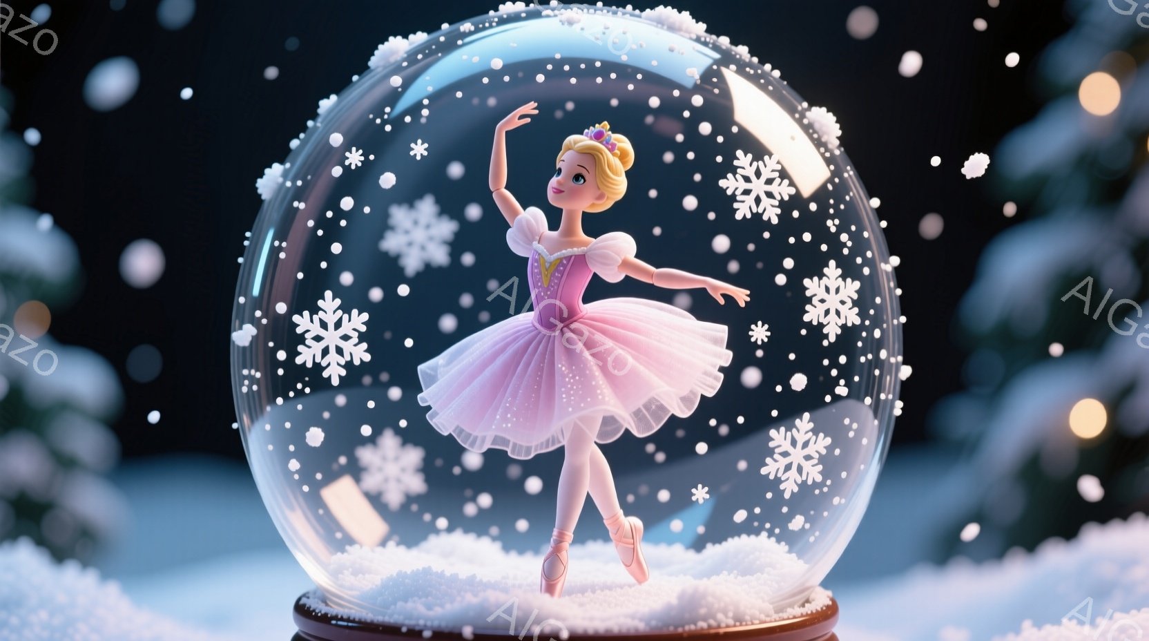 鮮やかなピンク色のチュールスカートと白いトップスを着たバレリーナが、雪が舞うガラス製のスノーボールの中にいます。彼女はつま先立ちでポーズを取り、片手を上げ、優雅で微笑ましい表情を浮かべています。スノーボールの周りは雪景色で、背景にはぼんやりと緑色の木々が見え、全体的に幻想的で温かいクリスマスの雰囲気を醸し出しています。