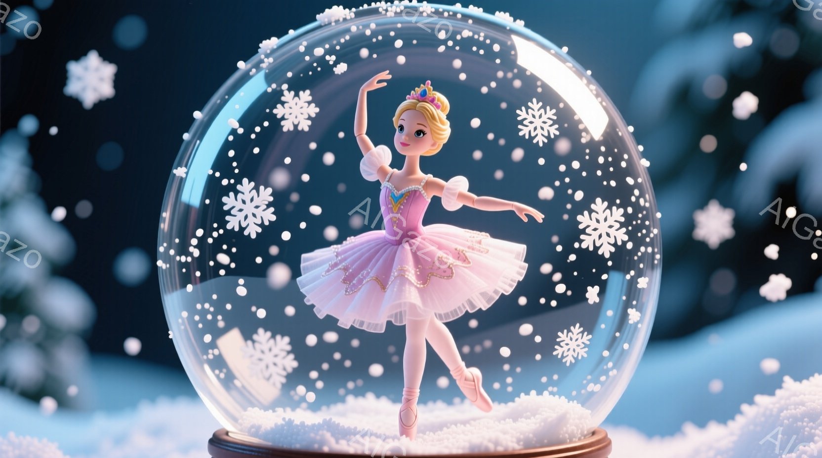 雪の結晶が舞うガラス製のスノーグローブの中にいるバレリーナを描いています。彼女は薄いピンク色のチュールスカートと、金色の装飾が施された白いトップスを着ており、髪は高く結い上げられ、小さな王冠を付けてい - AI生成フリー素材