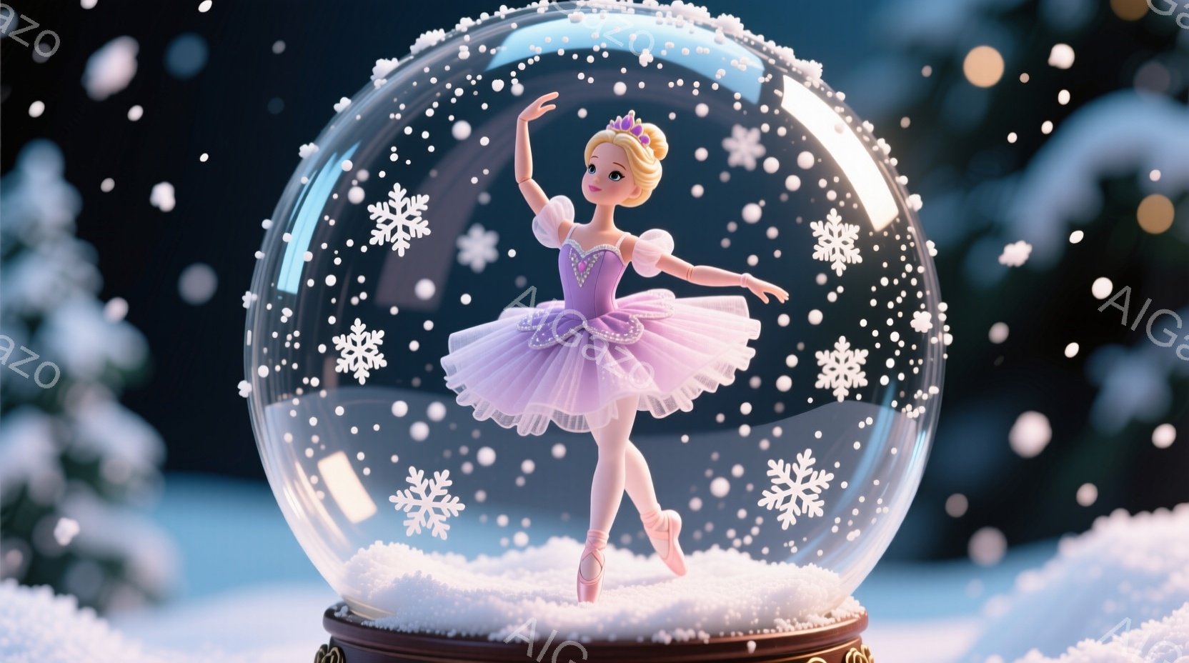 淡いピンク色のチュールスカートとパステルパープルのトップスを着たバレリーナが、雪が舞うガラスの球体の中にいます。彼女はつま先立ちでポーズを取り、片手を上げ、優雅な姿勢を見せています。背景は雪景色で、雪 - AI生成フリー素材