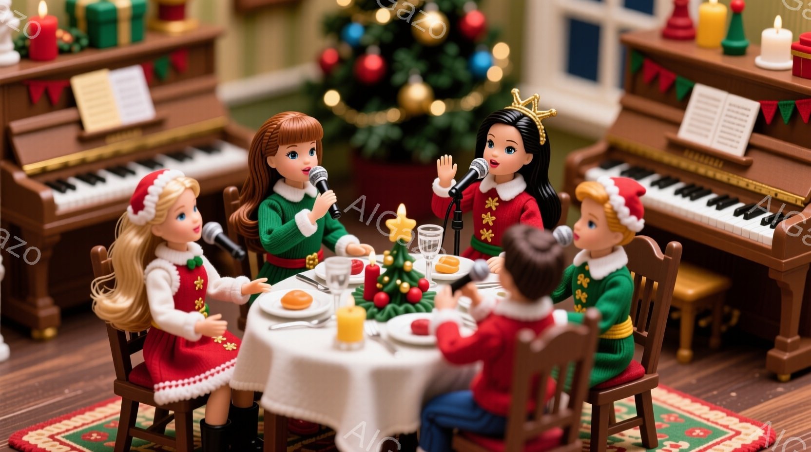 暖炉とクリスマスツリーが飾られた室内で、人形たちがディナーを楽しんでいます。赤いドレスや緑のセーターを着た人形たちは、テーブルを囲んで食事をしたり、歌を歌ったりしています。温かく、家庭的なクリスマスの - AI生成フリー素材