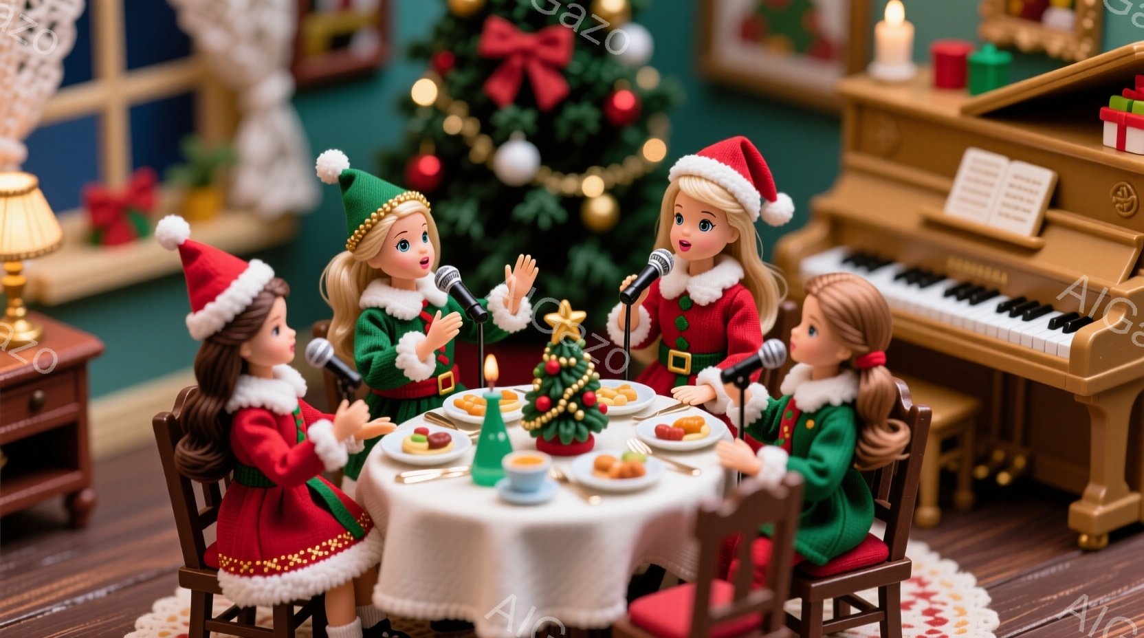 ４人の女性がクリスマスをテーマにした部屋で歌っています。赤と緑のセーターにサンタ帽をかぶり、それぞれマイクを持ってテーブルを囲んでいます。背景にはクリスマスツリーやピアノがあり、暖かくお祝いの雰囲気が漂っています。