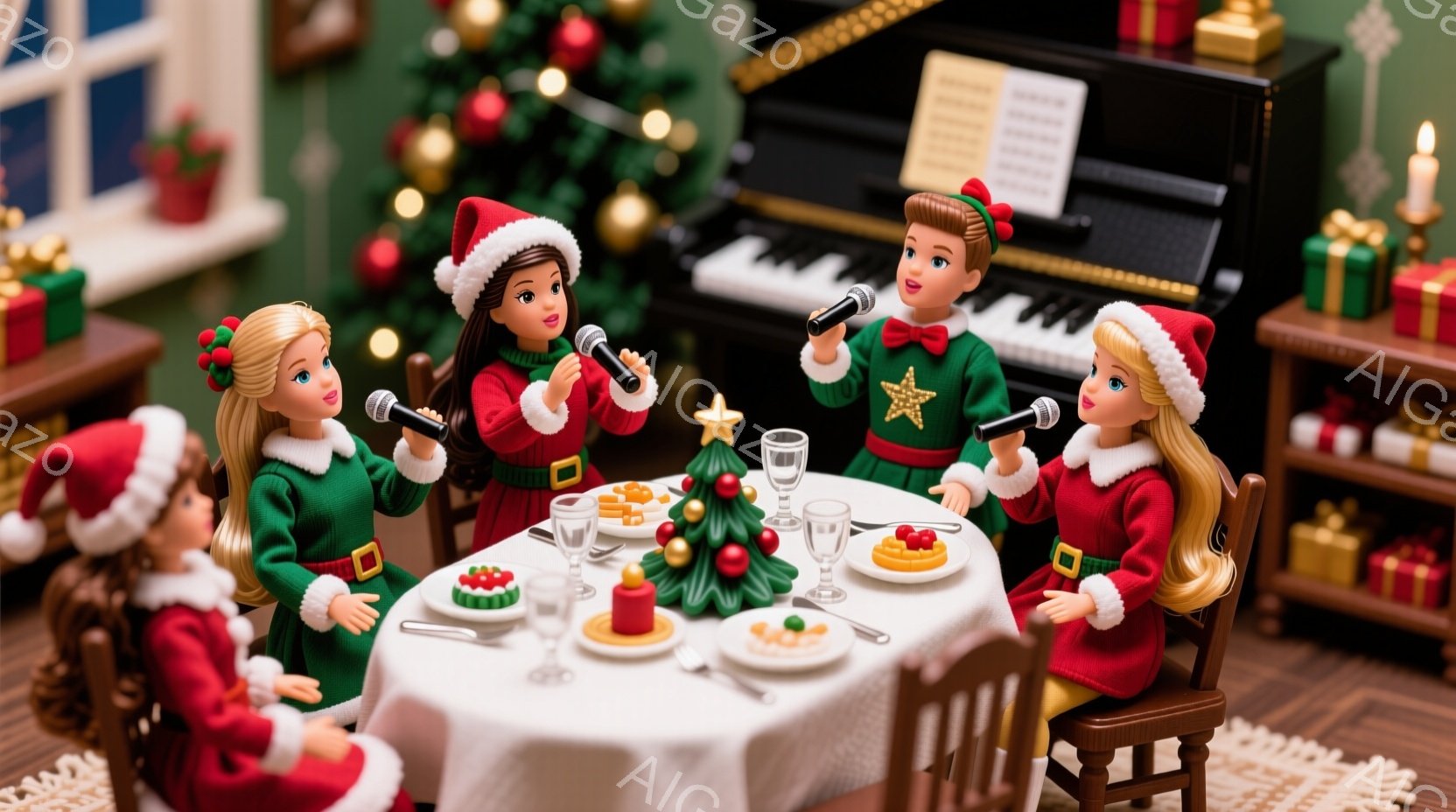 クリスマスをテーマにしたミニチュアの情景です。赤いサンタ帽をかぶった人形たちがテーブルを囲み、マイクを持って歌っているようです。背景にはクリスマスツリーやプレゼント、ピアノなどが配置され、暖かく楽しいクリスマスの雰囲気が表現されています。