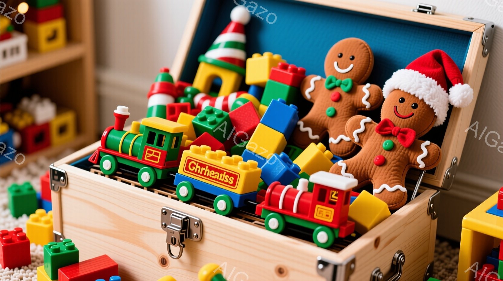 明るい木製の箱の中に、カラフルなブロックやミニチュアの列車が詰め込まれています。箱の片隅には、赤いサンタの帽子をかぶったジンジャーブレッドクッキーの人形が置かれ、にっこりと微笑んでいます。背景にはぼや - AI生成フリー素材