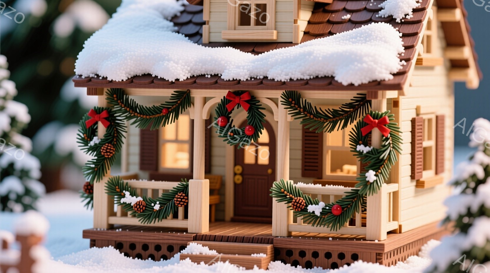 雪が降り積もったかわいらしいコテージが写っています。玄関ポーチにはクリスマスリースが飾られ、暖かく迎え入れるような雰囲気が漂っています。コテージ全体は温かい色の木材でできており、雪景色の中でひときわ明 - AI生成フリー素材