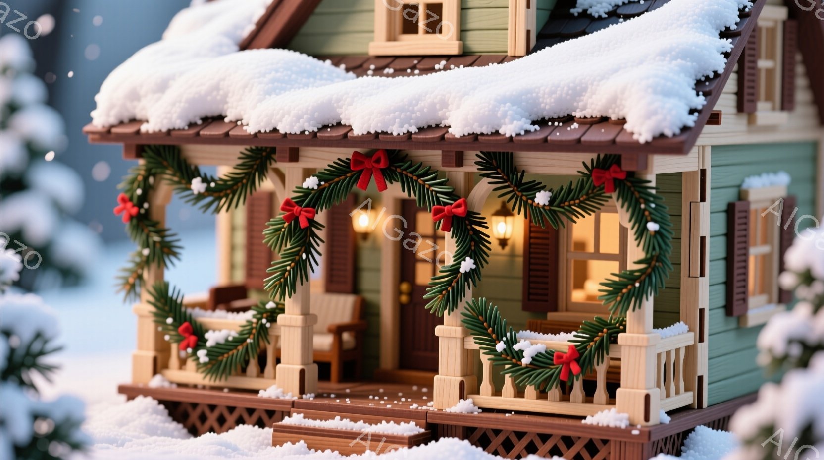 雪が降る中で、緑色の木造の家が描かれています。家の周りは雪で覆われ、ポーチには赤いリボンと装飾が施された緑のリースが飾られています。窓からは暖かな光が漏れ、冬の穏やかで心温まる雰囲気を醸し出しています - AI生成フリー素材