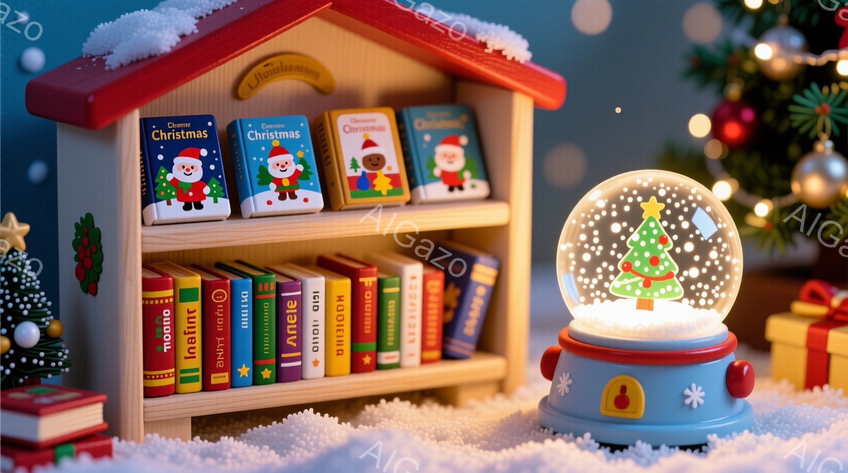 暖炉のような赤い屋根のミニチュアの本棚が映っており、クリスマスをテーマにした様々な本が並んでいます。雪が降る背景には、キラキラと光るクリスマスツリーがあり、雪の積もった地面には、中にクリスマスツリーが - AI生成フリー素材