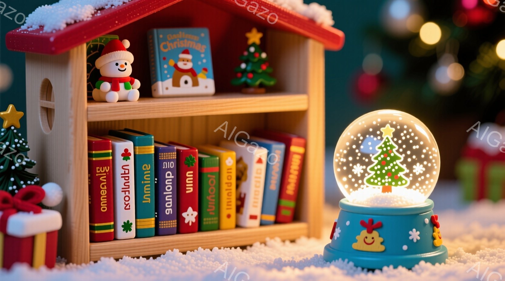 雪景色の中に、赤い本棚とスノーグローブが置かれています。本棚にはカラフルな絵本が並び、赤い帽子をかぶったテディベアが置かれています。スノーグローブの中にはクリスマスツリーが模されており、全体的に温かく、お祝いの雰囲気が漂っています。