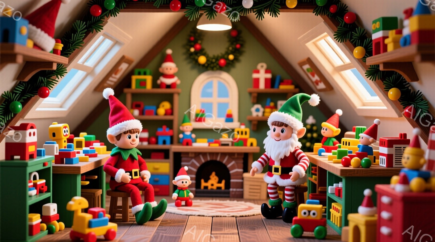 暖炉のある屋根裏部屋で、2人のエルフが積み木で遊んでいます。赤い帽子と緑の服を着たエルフたちは、木製の椅子に座り、笑顔で積み木を並べています。背景には、積み木で作られた建物やクリスマスツリー、暖炉があ - AI生成フリー素材