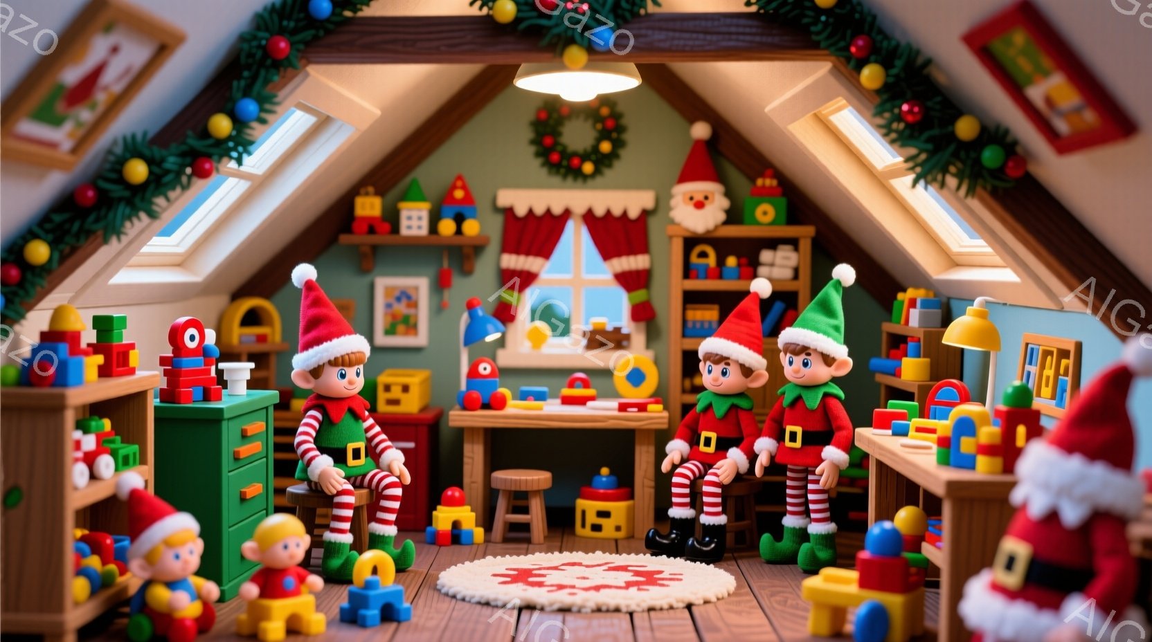 暖炉のある屋根裏部屋のような空間に、エルフたちが赤い帽子と緑と赤のストライプの服を着て作業しています。彼らは木製の作業台の周りに立っており、おもちゃやブロック、道具などが散らばっています。背景にはクリスマスツリーや飾り付け、雪景色が見える窓があり、全体的に温かく、おもちゃ作りが盛んなクリスマスの雰囲気を感じさせます。